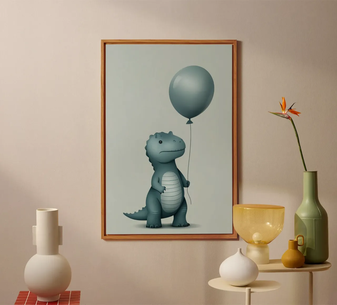 Dinosauro con in mano un palloncino alluminio dibond da DesignDoodle