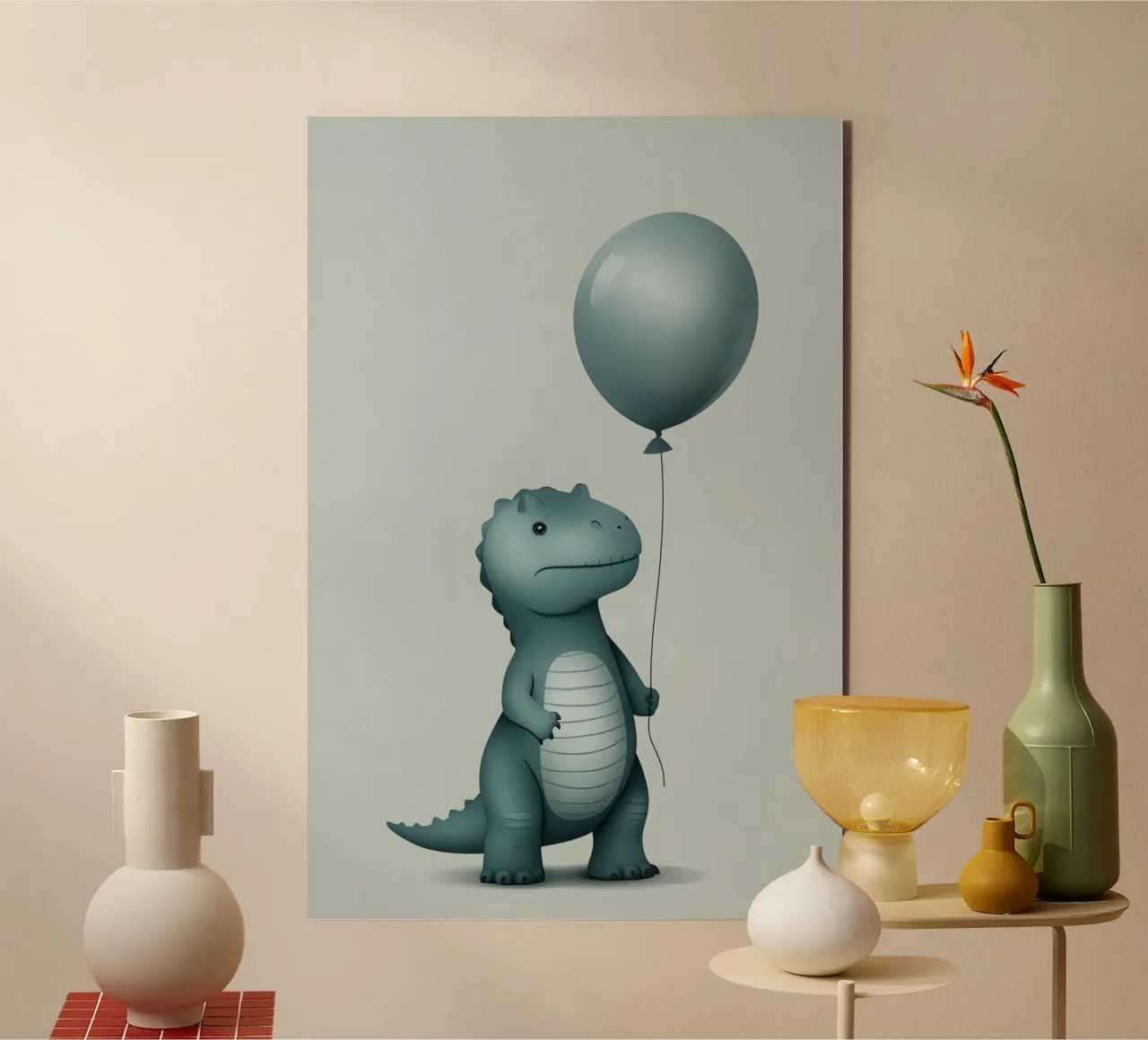 Dinosauro con in mano un palloncino alluminio dibond da DesignDoodle
