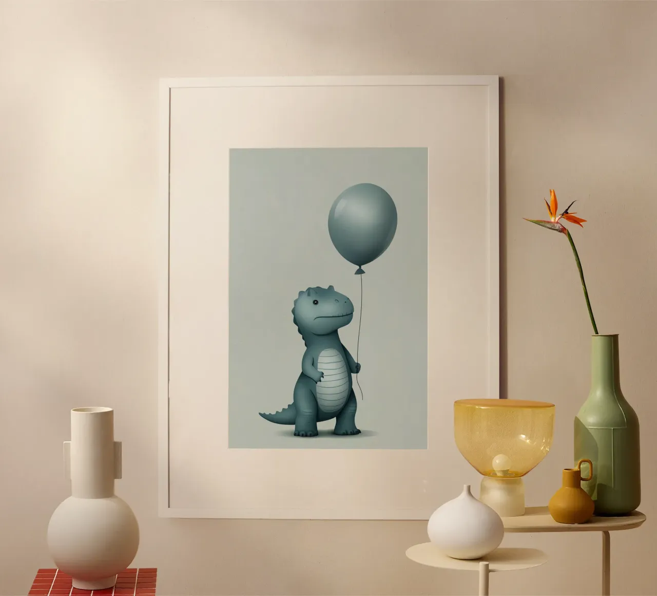 Dinosauro con in mano un palloncino carta hahnemühle da DesignDoodle