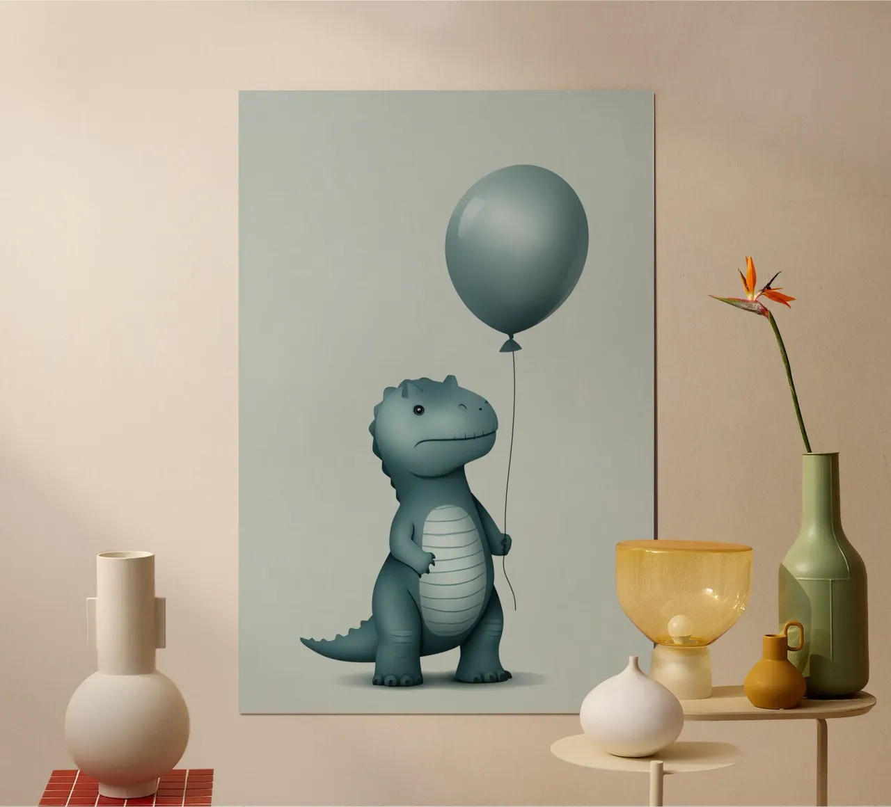 Dinosauro con in mano un palloncino carta hahnemühle da DesignDoodle