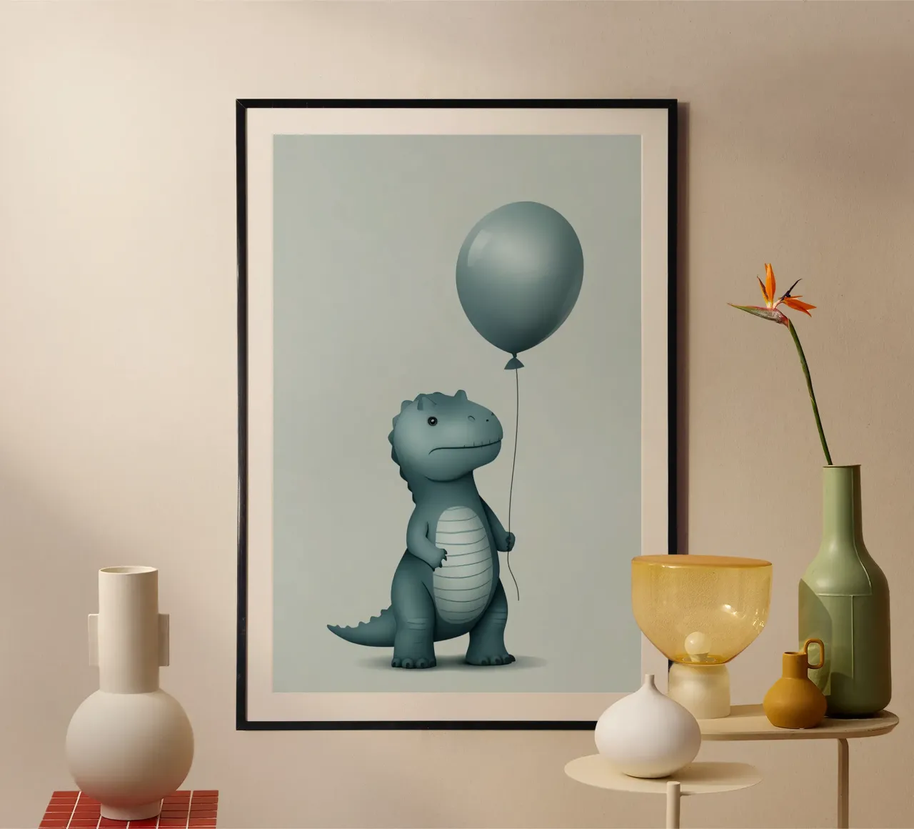 Dinosauro con in mano un palloncino carta hahnemühle da DesignDoodle