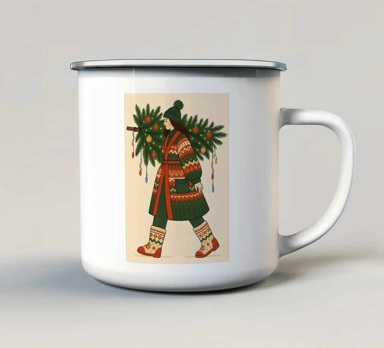 DONNA CHE TRASPORTA L'ALBERO DI NATALE tazza in smalto da CHRISTMAS ART