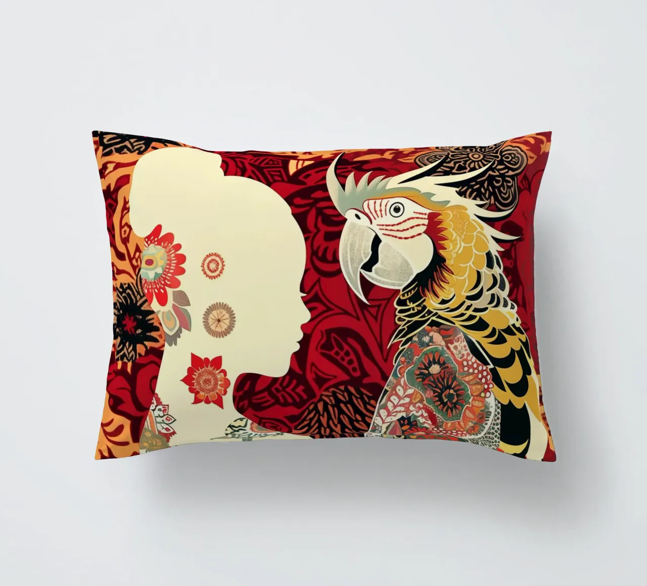 Woman with parrot decorative cushion by Autofocus