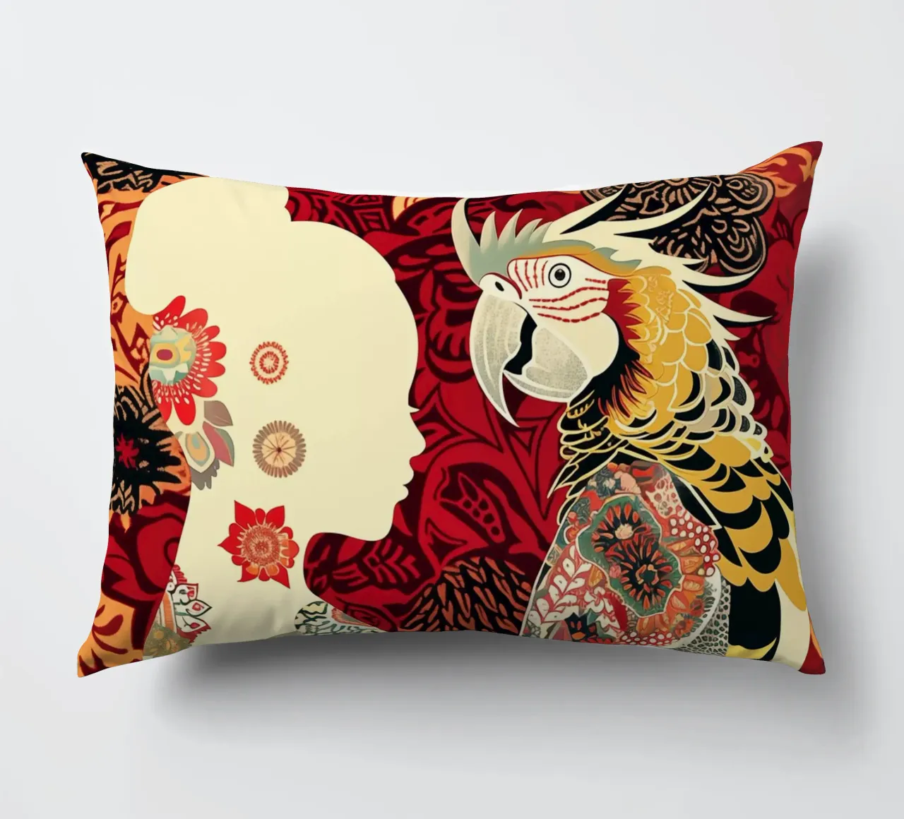 Woman with parrot decorative cushion by Autofocus