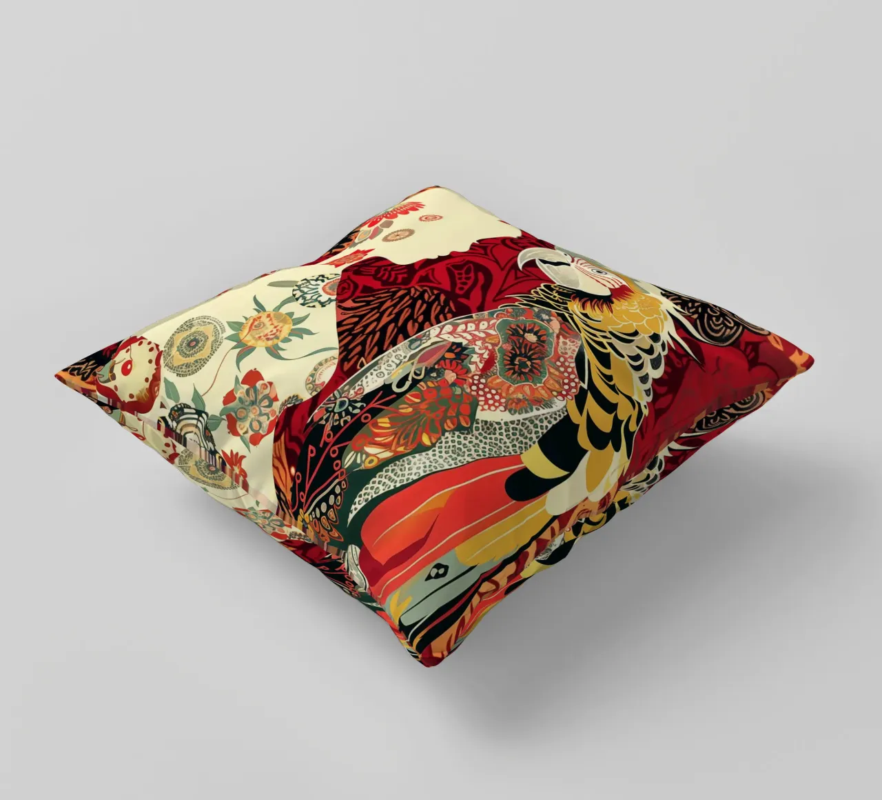 Woman with parrot decorative cushion by Autofocus