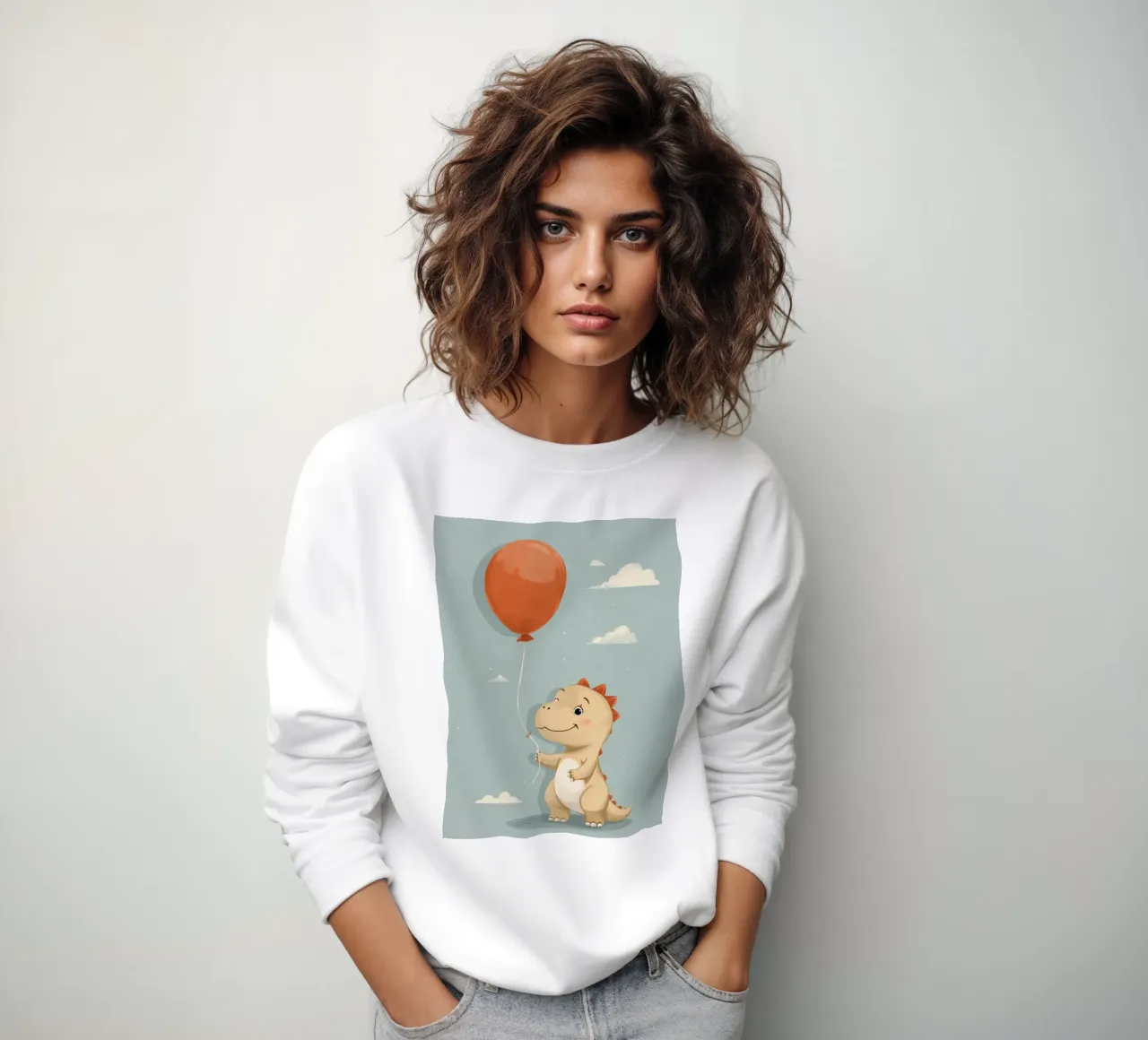 Dinosauro che tiene in mano un palloncino arancione con le nuvole felpa da DesignDoodle