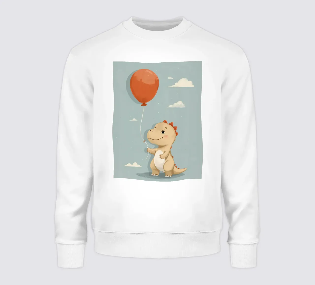 Dinosauro che tiene in mano un palloncino arancione con le nuvole felpa da DesignDoodle