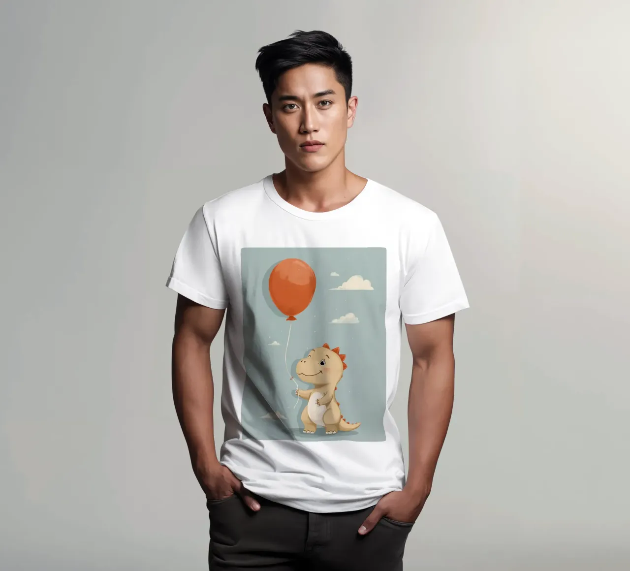 Dinosauro che tiene in mano un palloncino arancione con le nuvole t-shirt da DesignDoodle