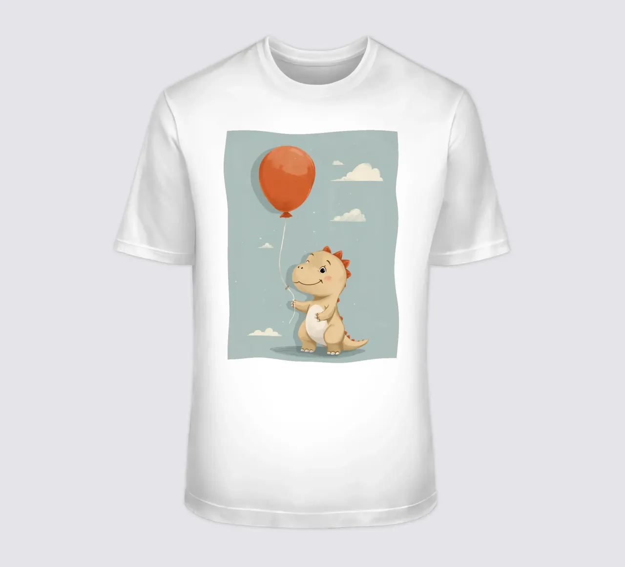 Dinosauro che tiene in mano un palloncino arancione con le nuvole t-shirt da DesignDoodle