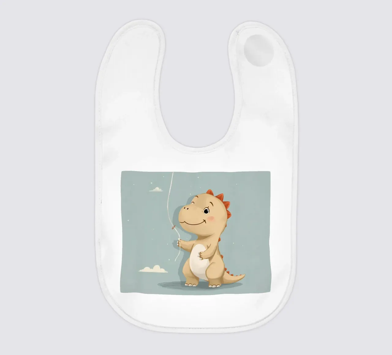 Dinosauro che tiene in mano un palloncino arancione con le nuvole bavaglino da DesignDoodle