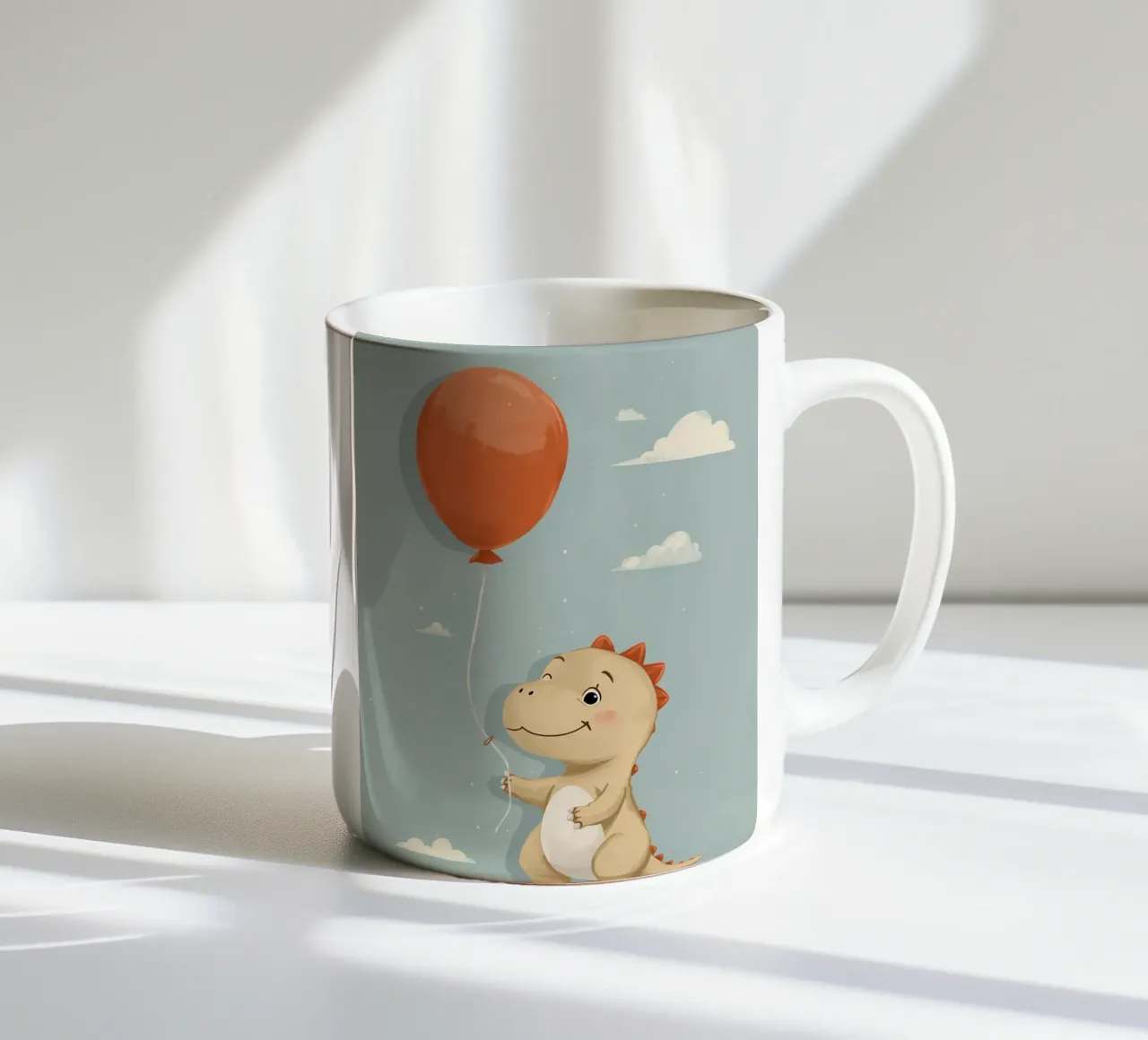 Dinosauro che tiene in mano un palloncino arancione con le nuvole tazza in ceramica da DesignDoodle
