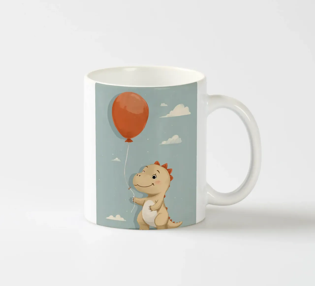 Dinosauro che tiene in mano un palloncino arancione con le nuvole tazza in ceramica da DesignDoodle