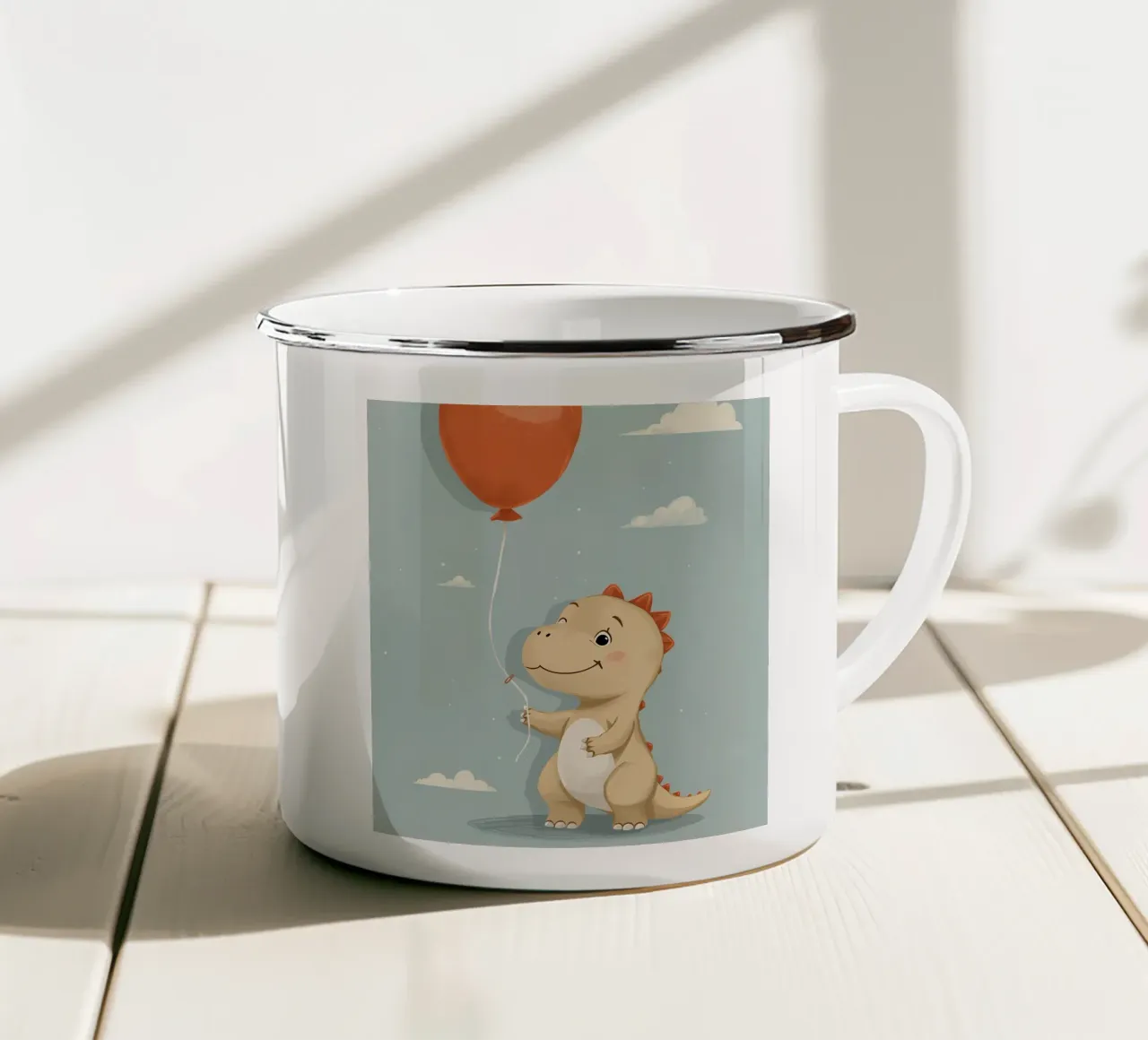 Dinosauro che tiene in mano un palloncino arancione con le nuvole tazza in smalto da DesignDoodle