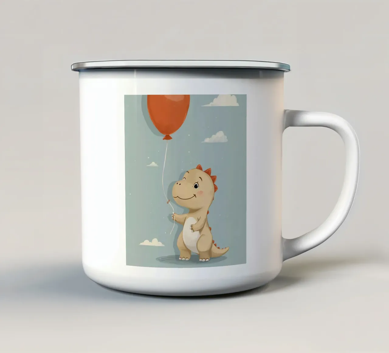 Dinosauro che tiene in mano un palloncino arancione con le nuvole tazza in smalto da DesignDoodle