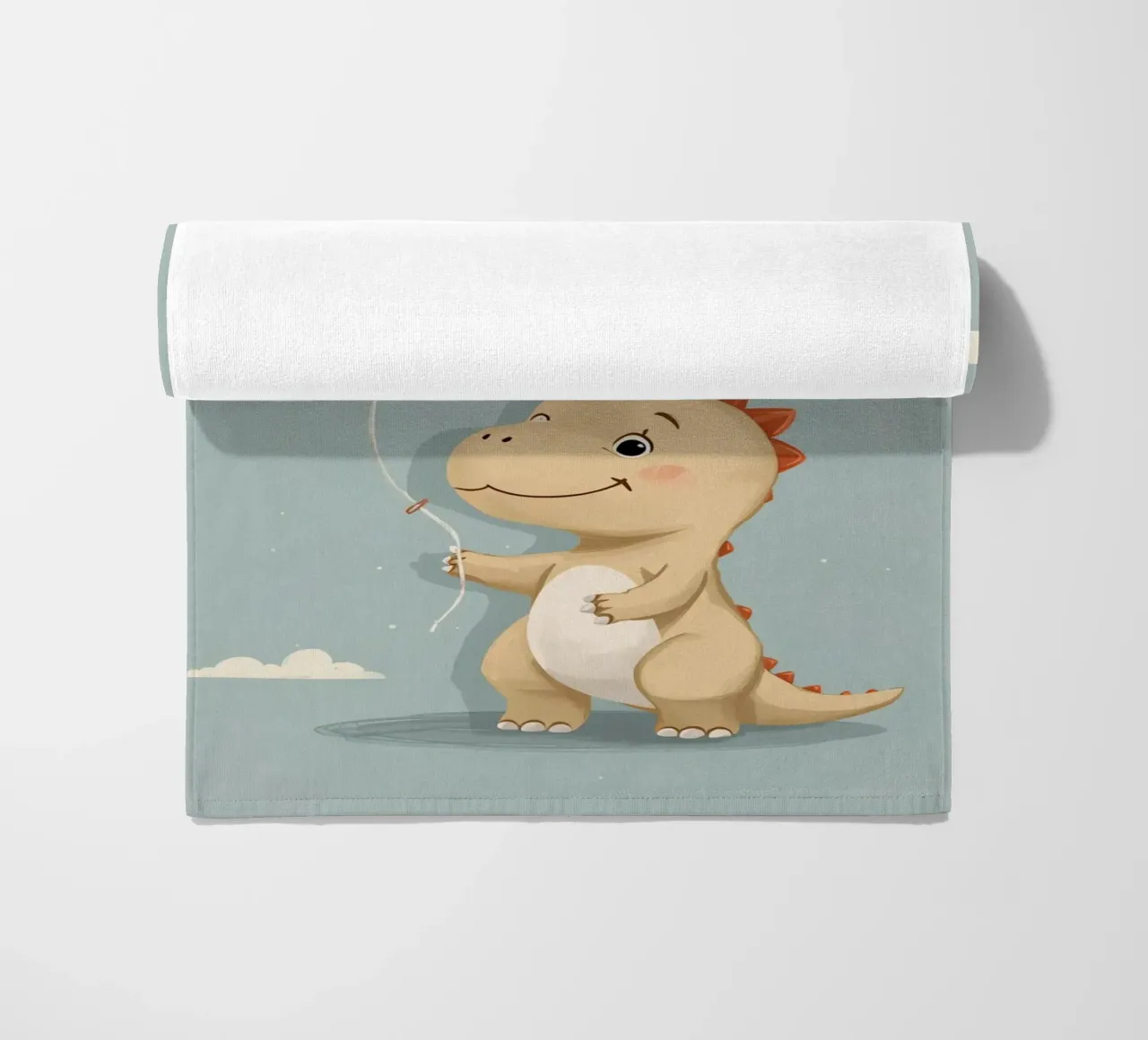 Dinosauro che tiene in mano un palloncino arancione con le nuvole telo mare da DesignDoodle