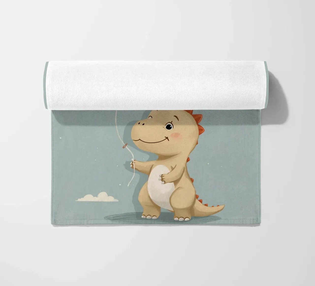 Dinosauro che tiene in mano un palloncino arancione con le nuvole telo mare da DesignDoodle
