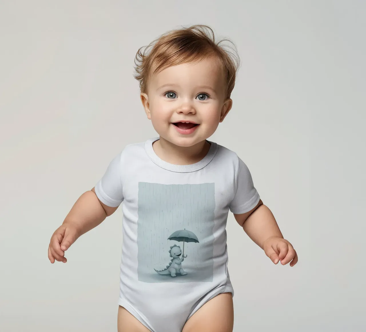 Dinosauro con ombrello sotto la pioggia body neonato maniche corte da DesignDoodle