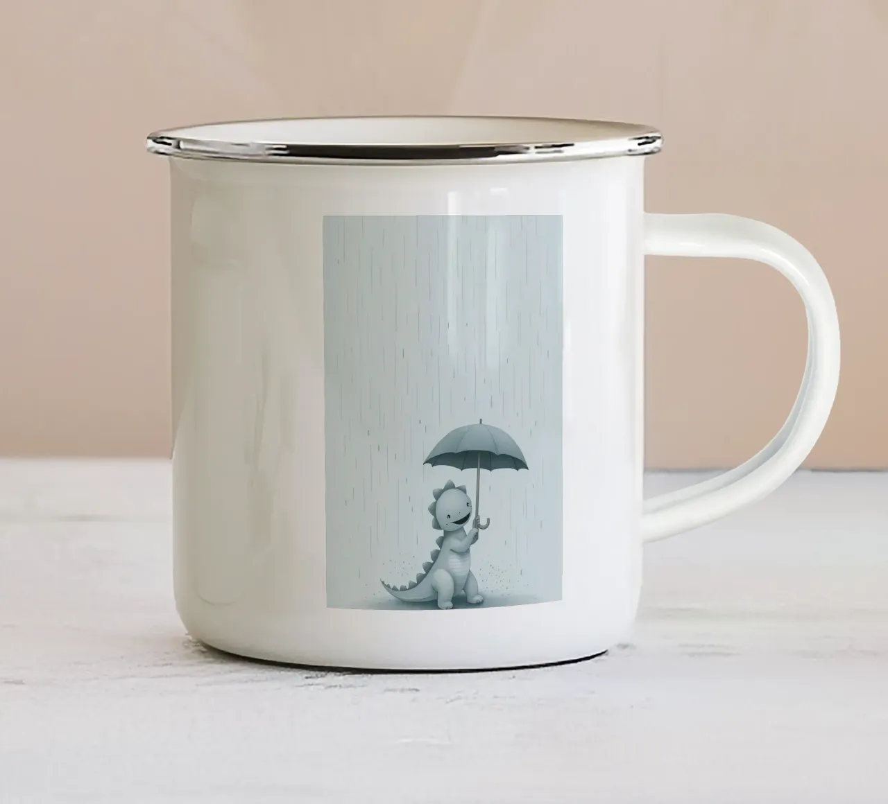 Dinosauro con ombrello sotto la pioggia tazza in smalto da DesignDoodle