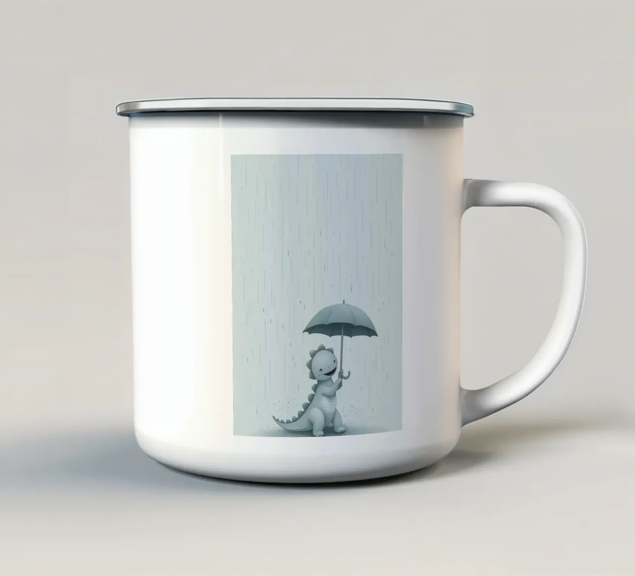 Dinosauro con ombrello sotto la pioggia tazza in smalto da DesignDoodle