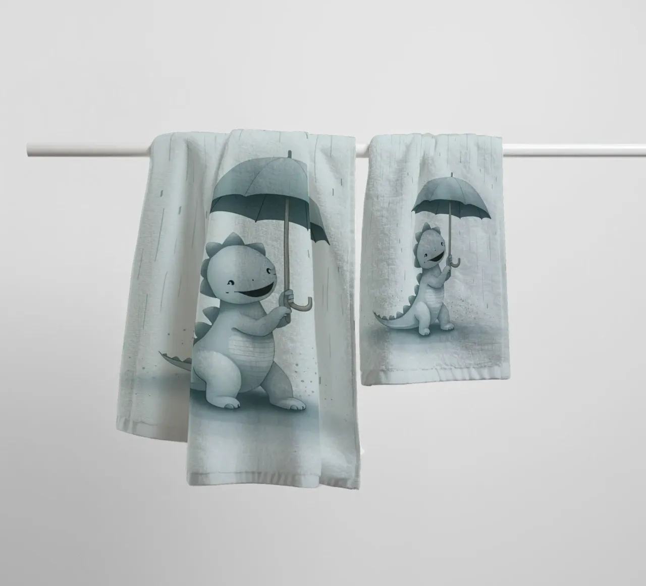 Dinosauro con ombrello sotto la pioggia asciugamano da bagno da DesignDoodle