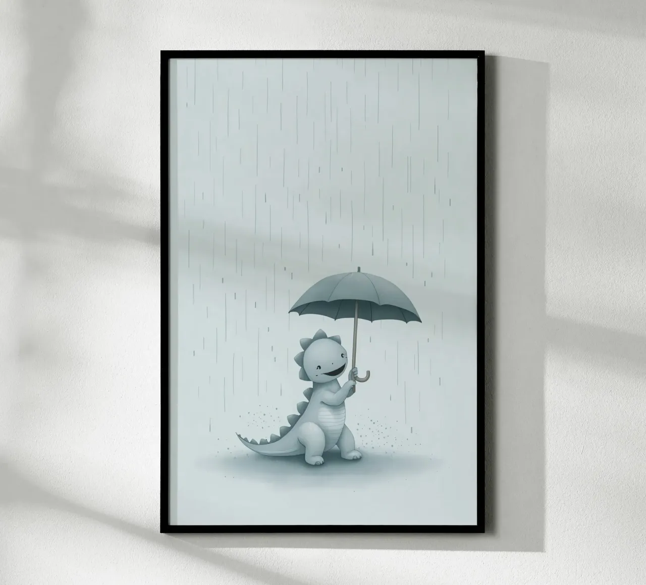 Dinosauro con ombrello sotto la pioggia carta hahnemühle da DesignDoodle