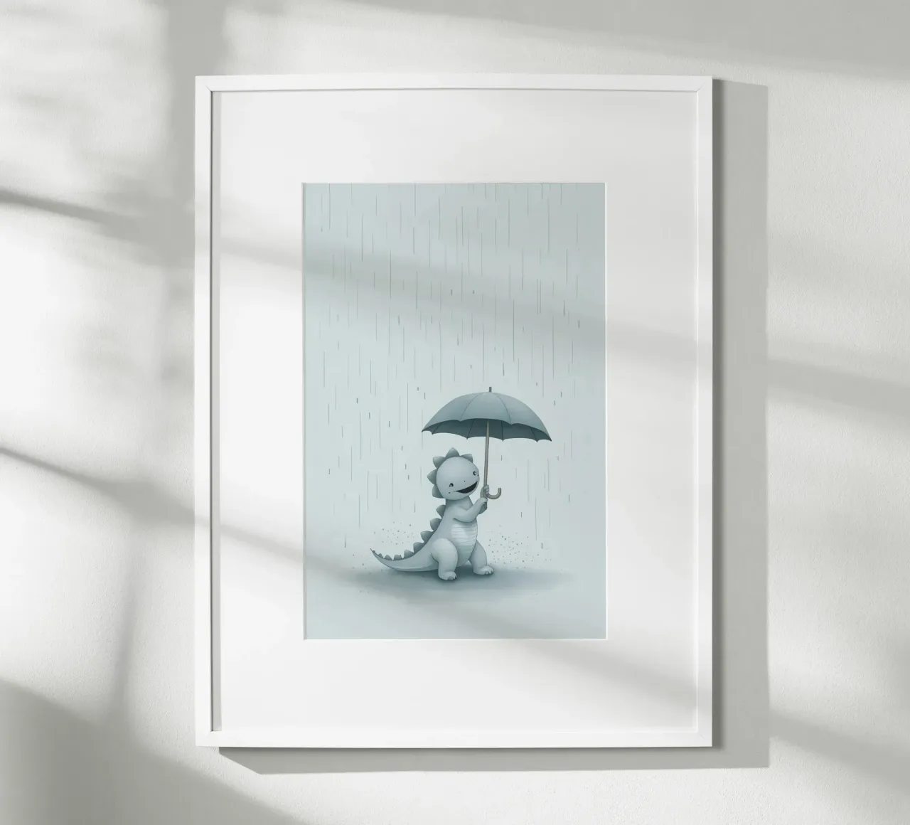 Dinosauro con ombrello sotto la pioggia carta hahnemühle da DesignDoodle