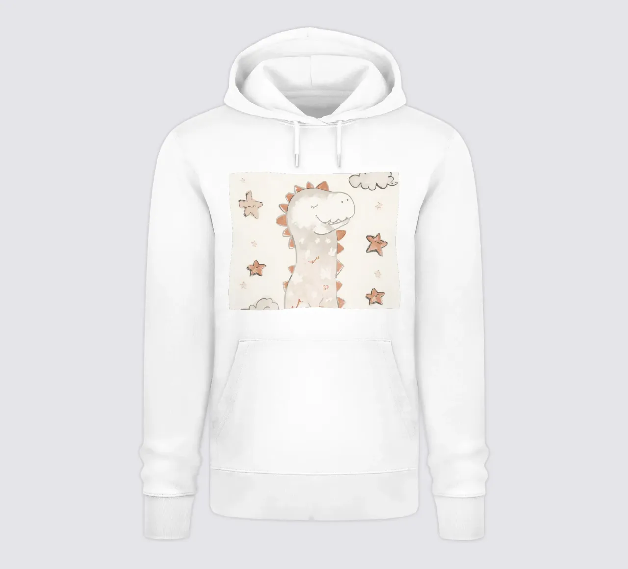 Illustrazione di un simpatico dinosauro felice con nuvole e stelle felpa con cappuccio da DesignDoodle