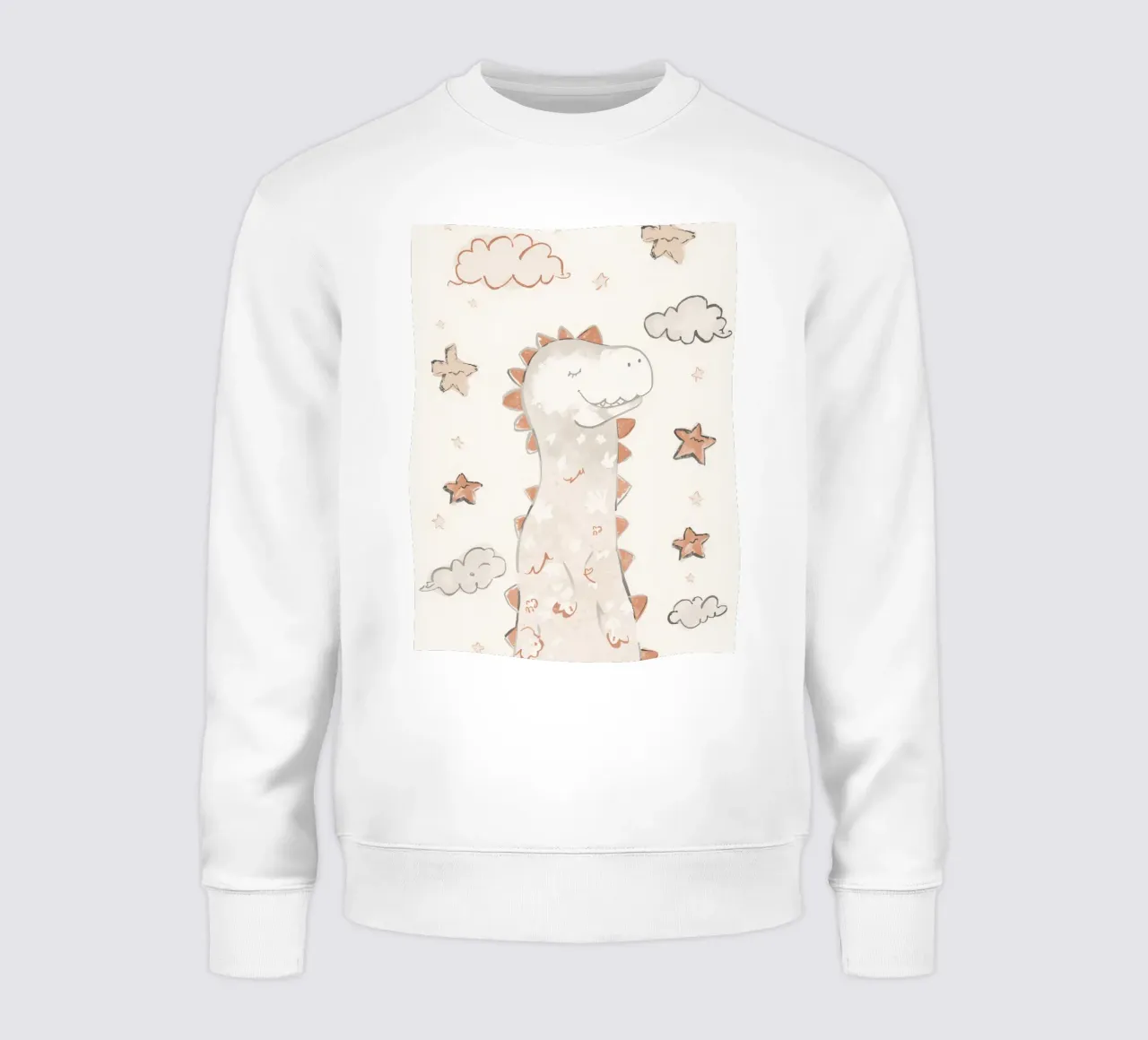 Illustrazione di un simpatico dinosauro felice con nuvole e stelle felpa da DesignDoodle