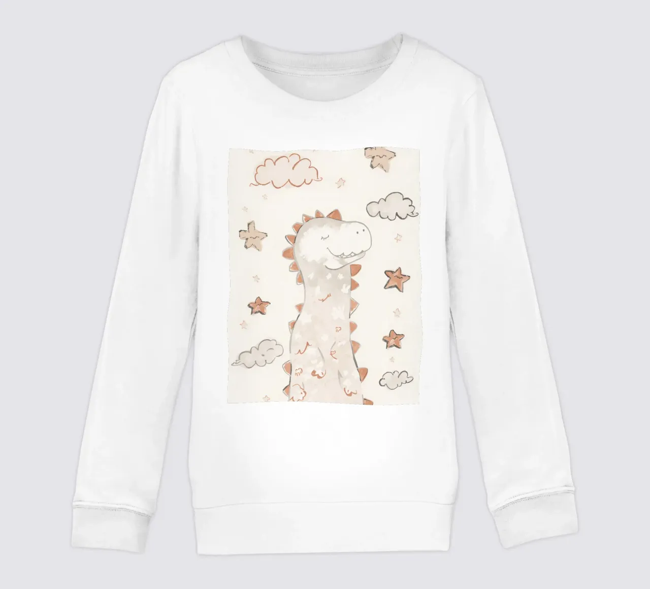 Illustrazione di un simpatico dinosauro felice con nuvole e stelle felpa bambino da DesignDoodle