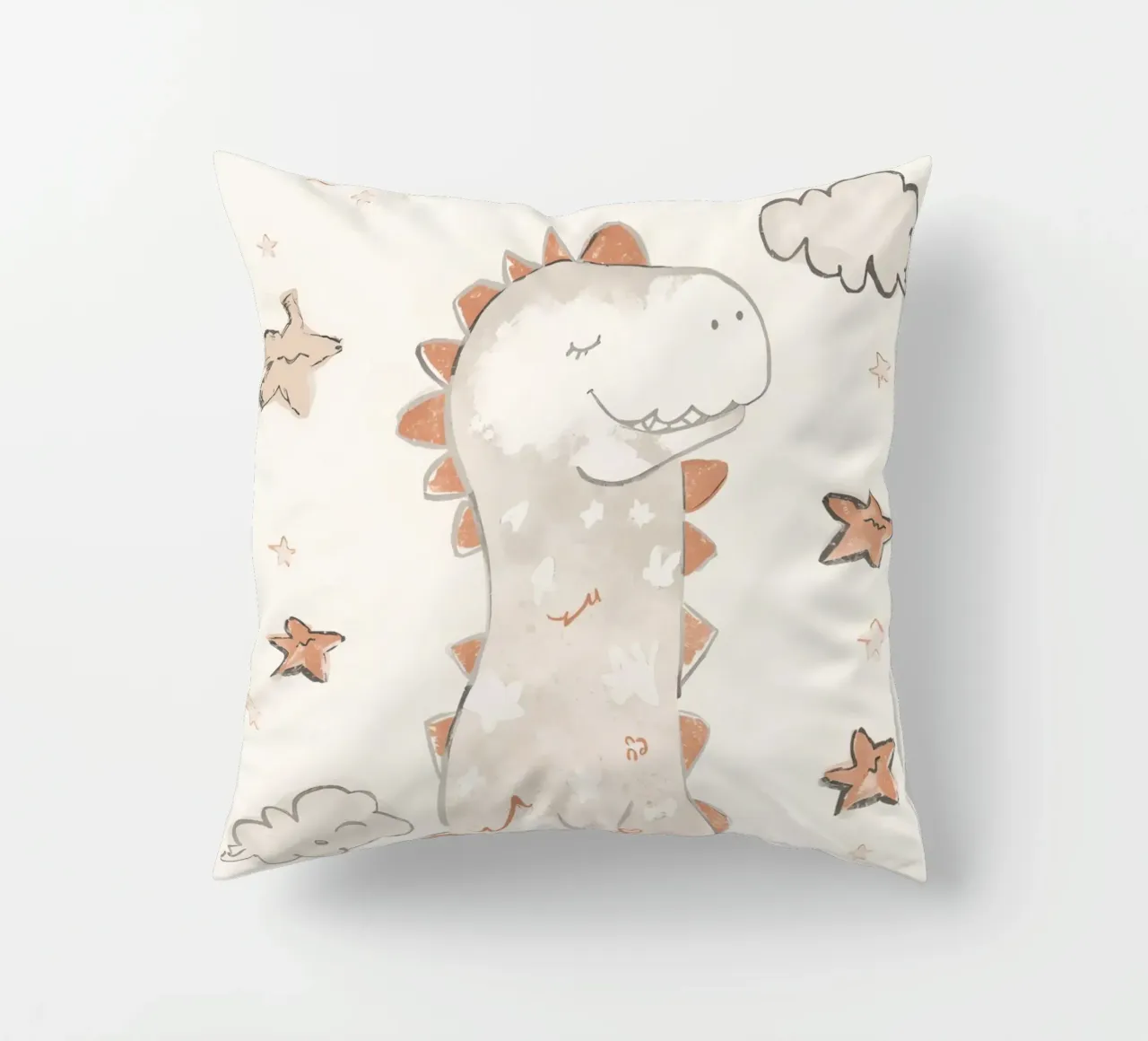 Illustrazione di un simpatico dinosauro felice con nuvole e stelle cuscino da DesignDoodle
