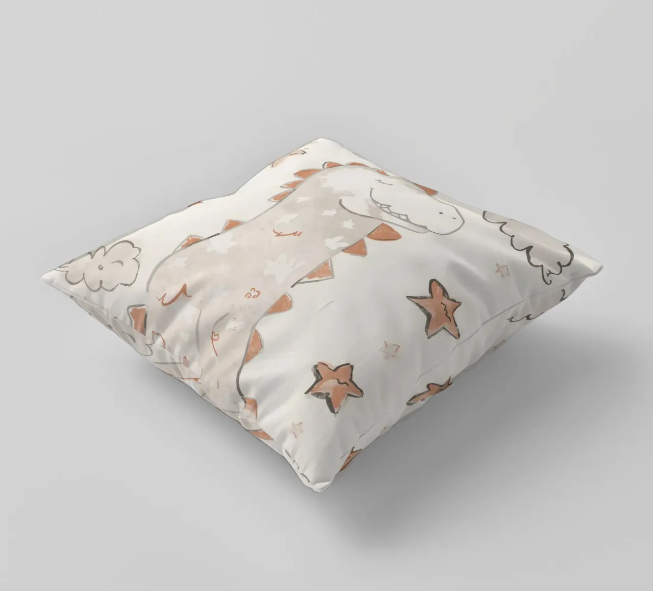 Illustrazione di un simpatico dinosauro felice con nuvole e stelle cuscino da DesignDoodle
