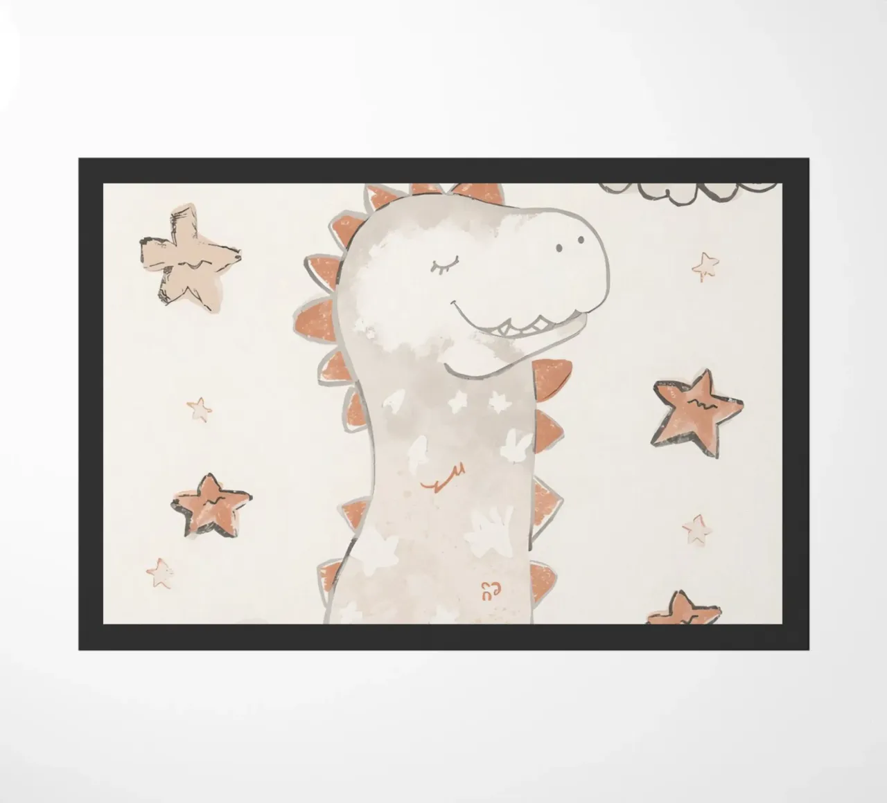 Simpática ilustración de un dinosaurio feliz con nubes y estrellas felpudo de DesignDoodle