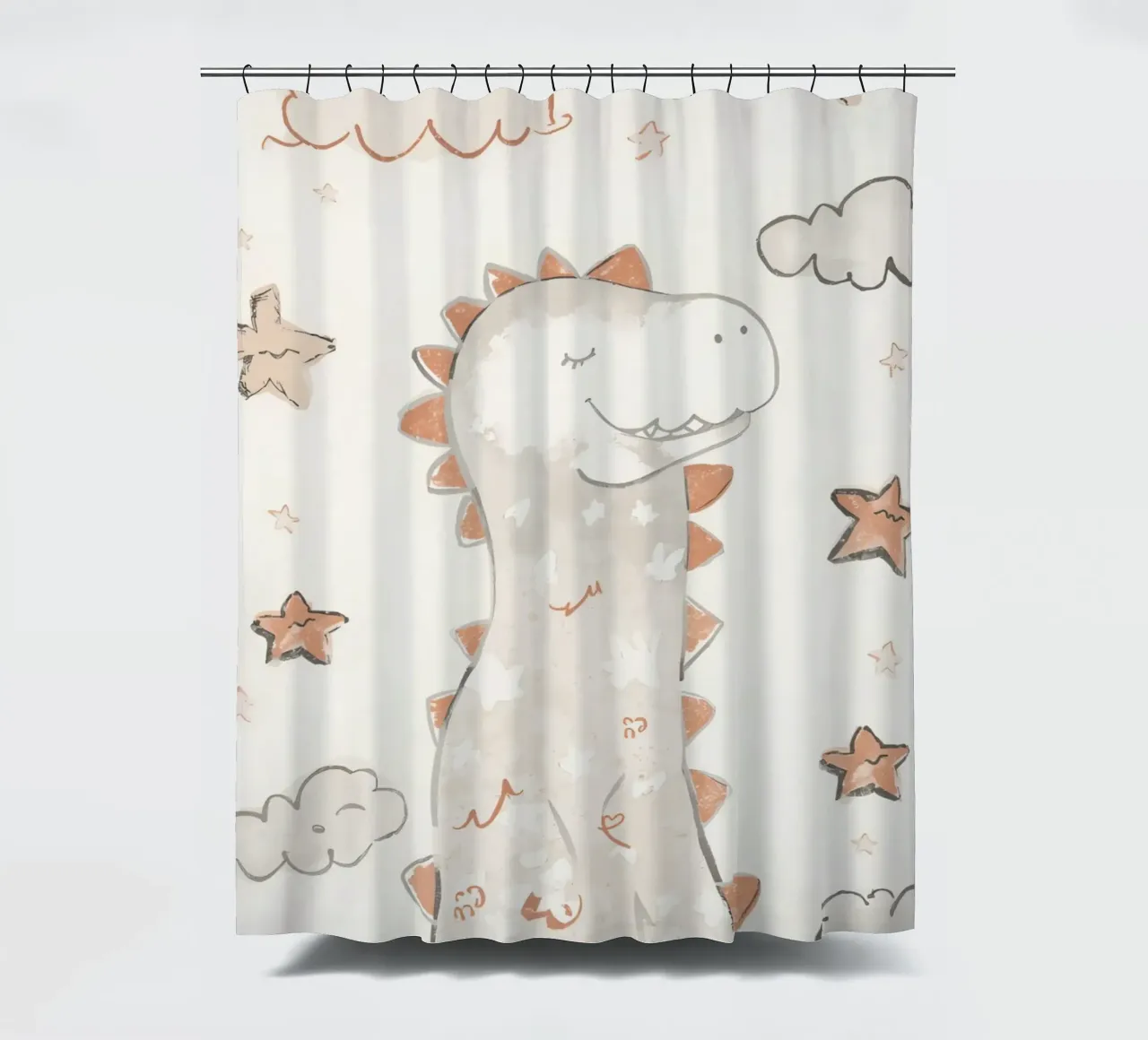 Illustrazione di un simpatico dinosauro felice con nuvole e stelle tenda da doccia da DesignDoodle