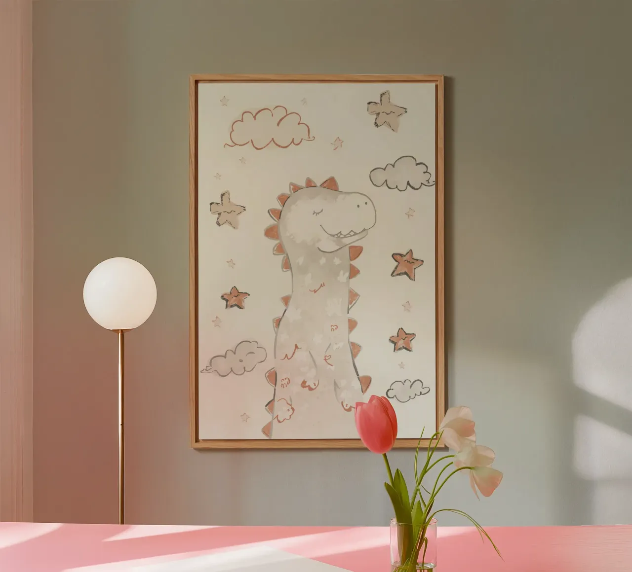 Illustrazione di un simpatico dinosauro felice con nuvole e stelle pannello forex da DesignDoodle