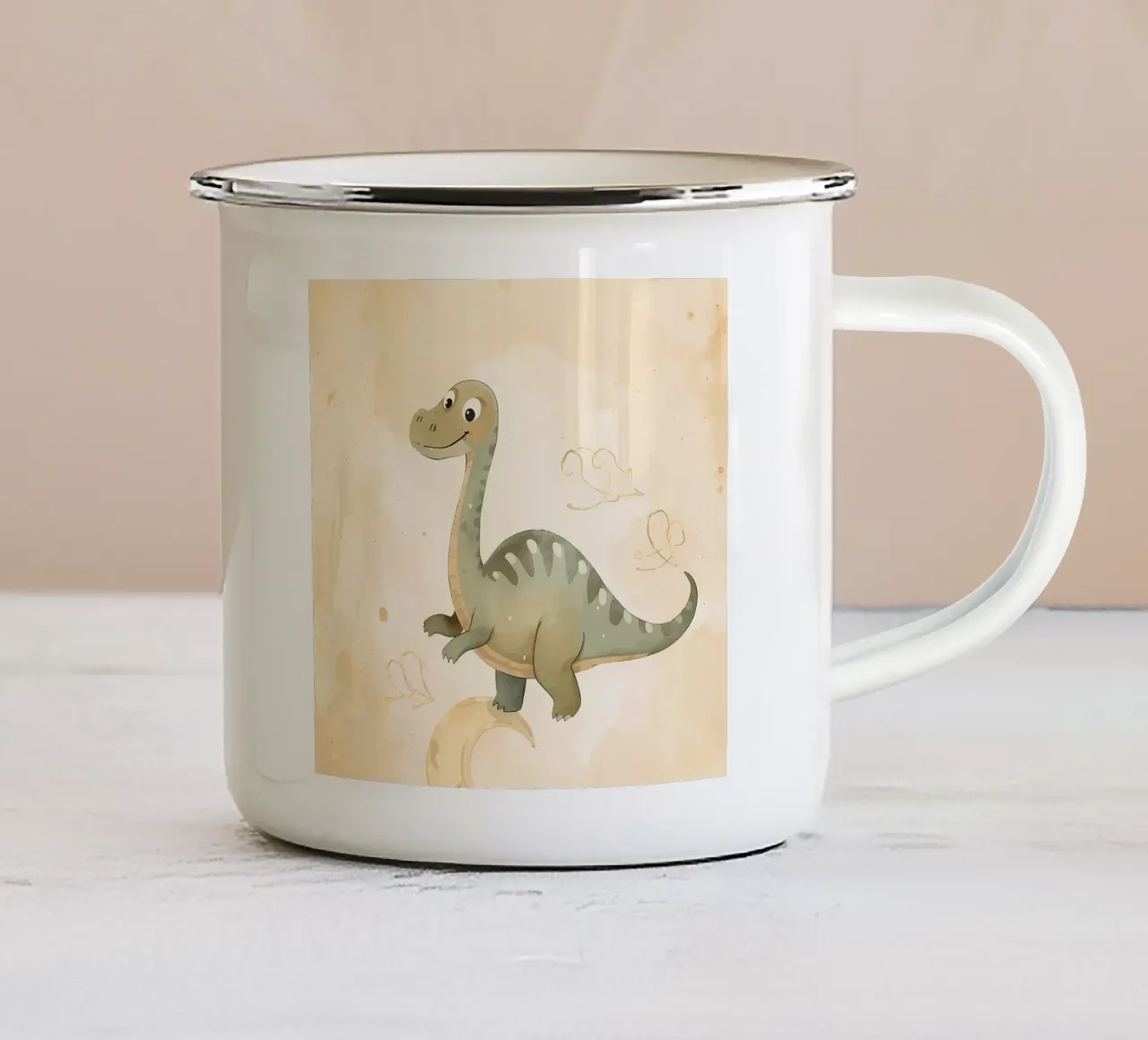 Dinosauro carino in equilibrio sulla mezzaluna tazza in smalto da DesignDoodle
