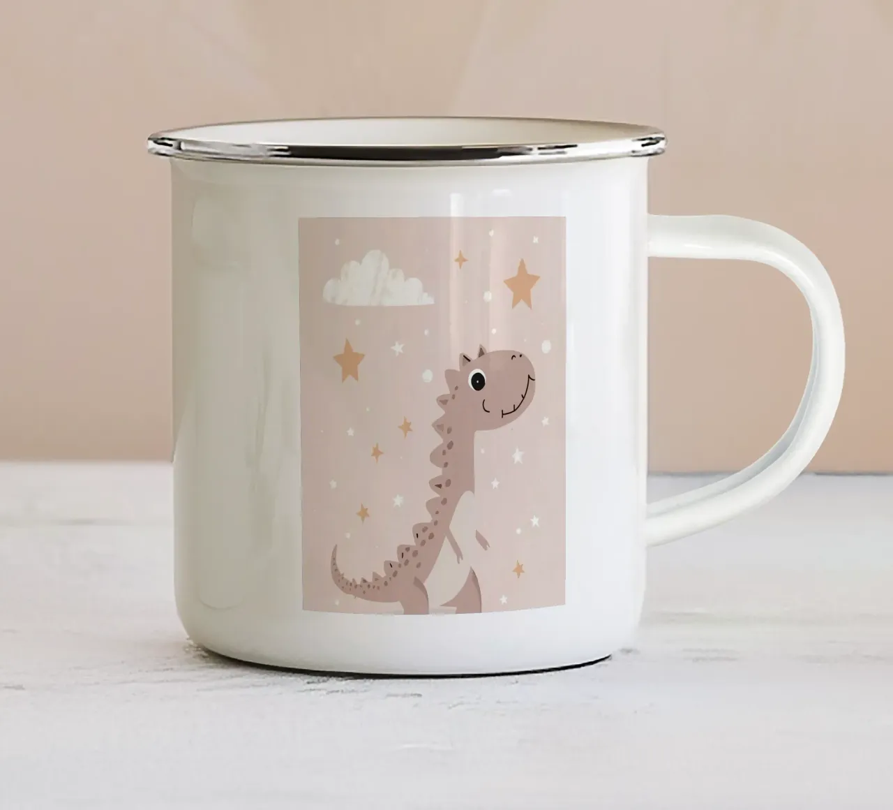 Dinosauro con stelle e nuvole tazza in smalto da DesignDoodle