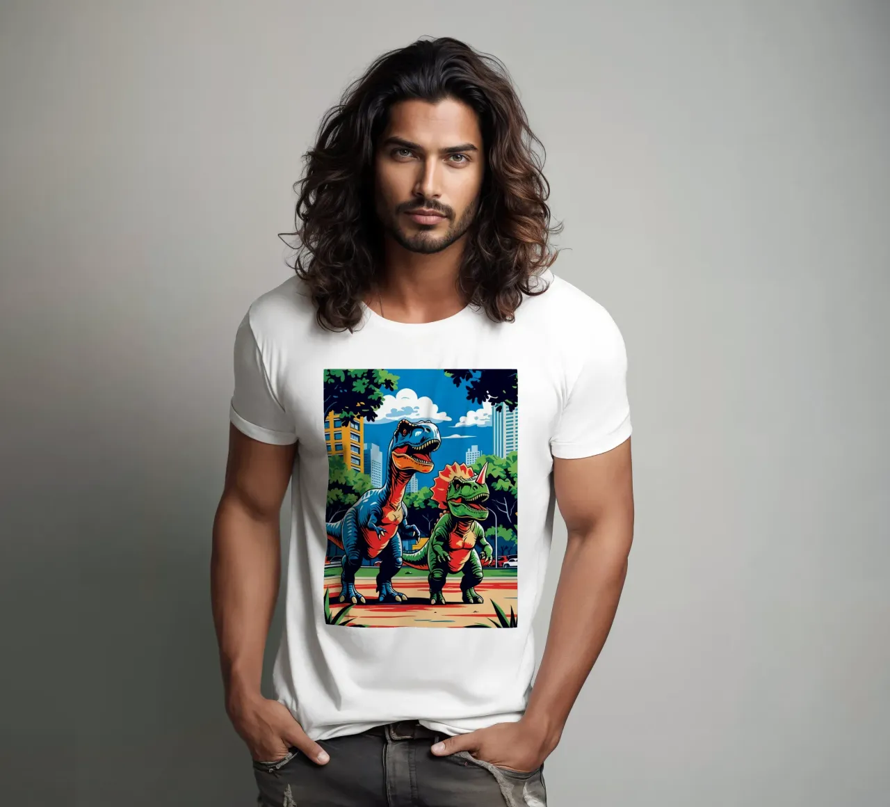 Dinosauri retrò in un parco con edifici urbani t-shirt da DesignDoodle