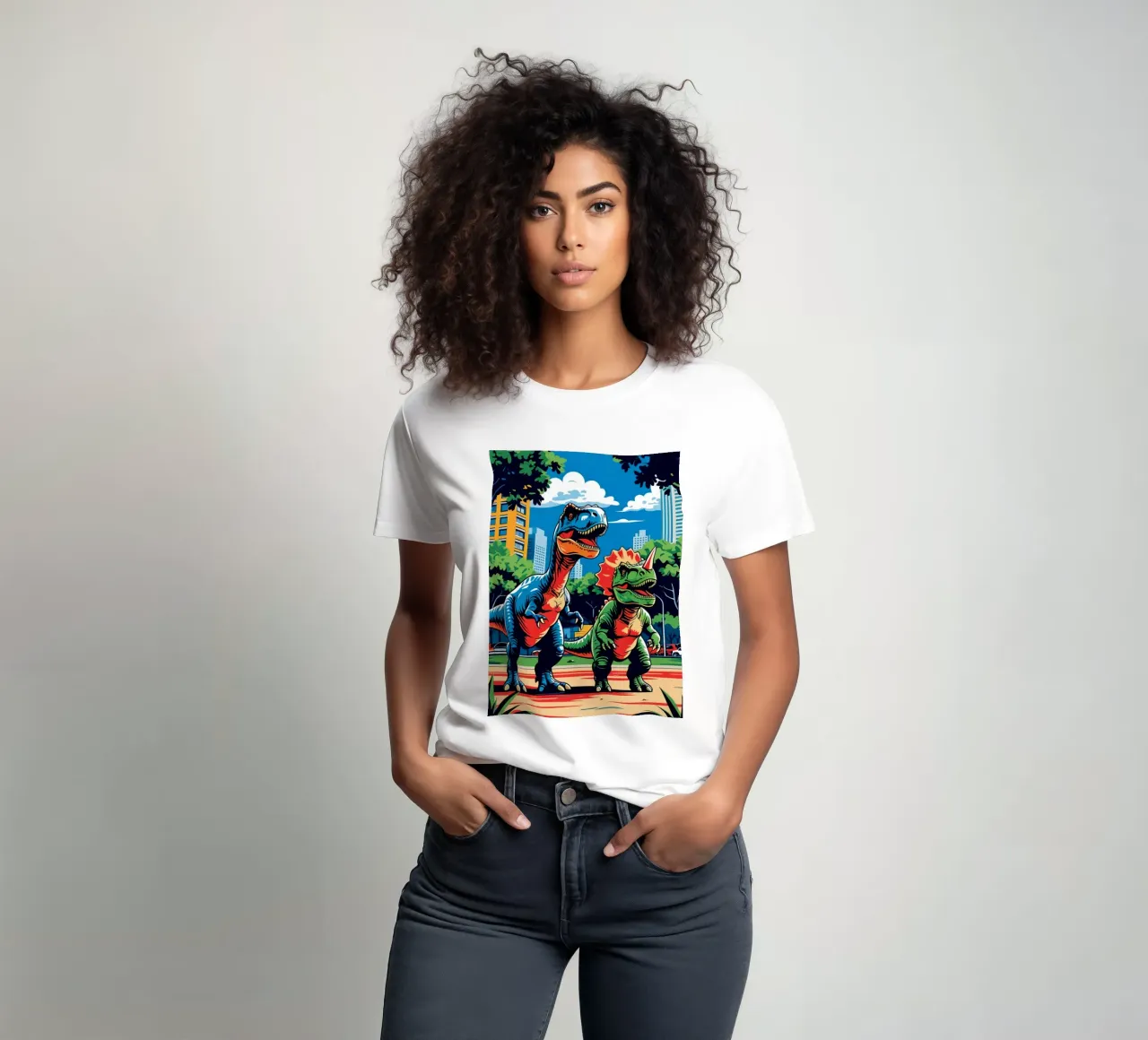 Dinosauri retrò in un parco con edifici urbani t-shirt da DesignDoodle