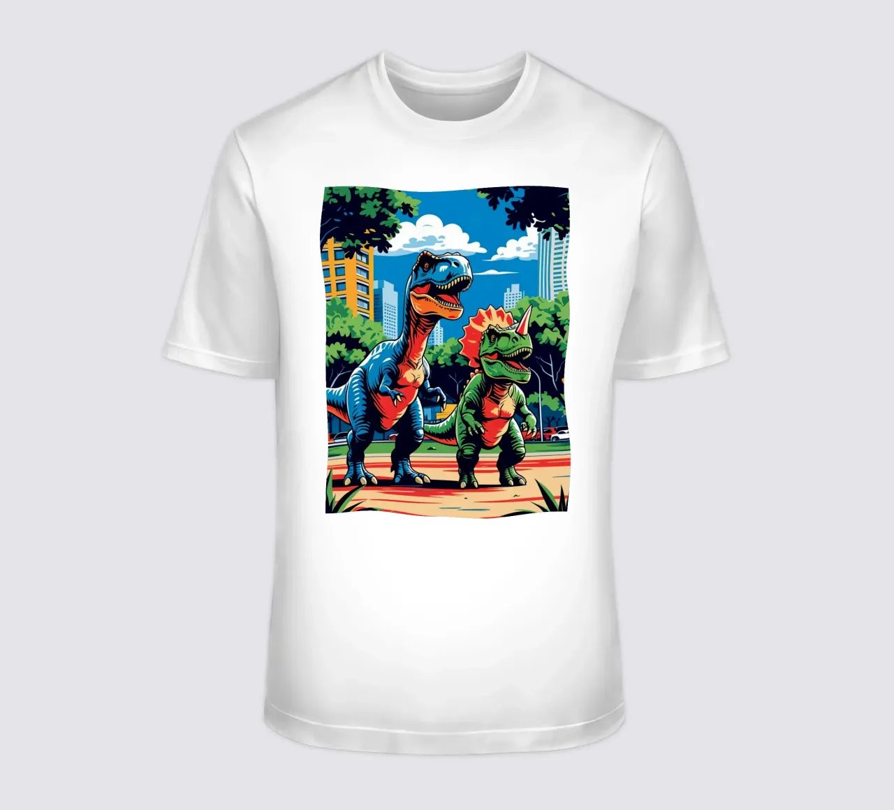 Dinosauri retrò in un parco con edifici urbani t-shirt da DesignDoodle
