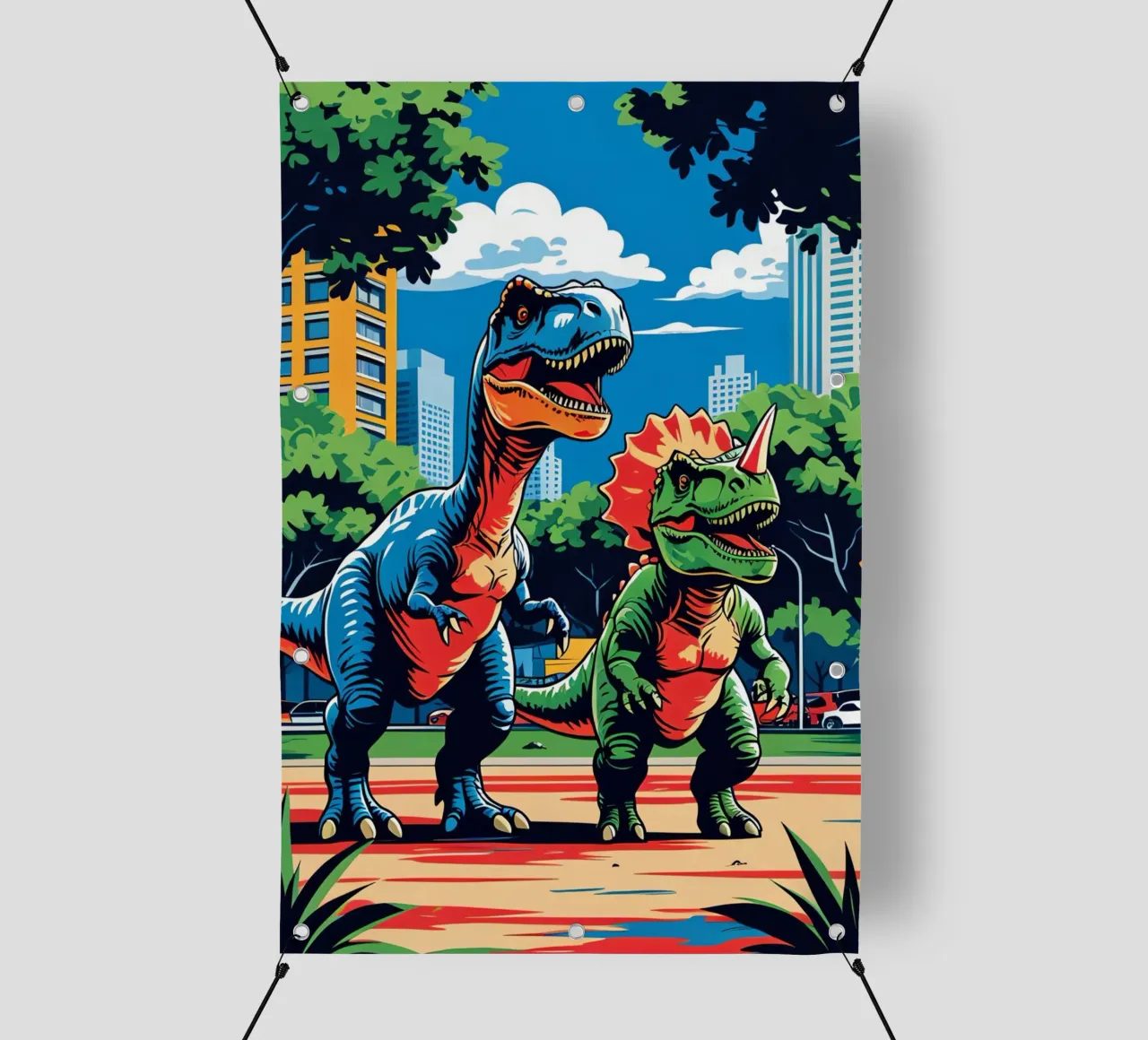 Dinosaures rétro dans un parc avec des bâtiments urbains bâche pvc de DesignDoodle