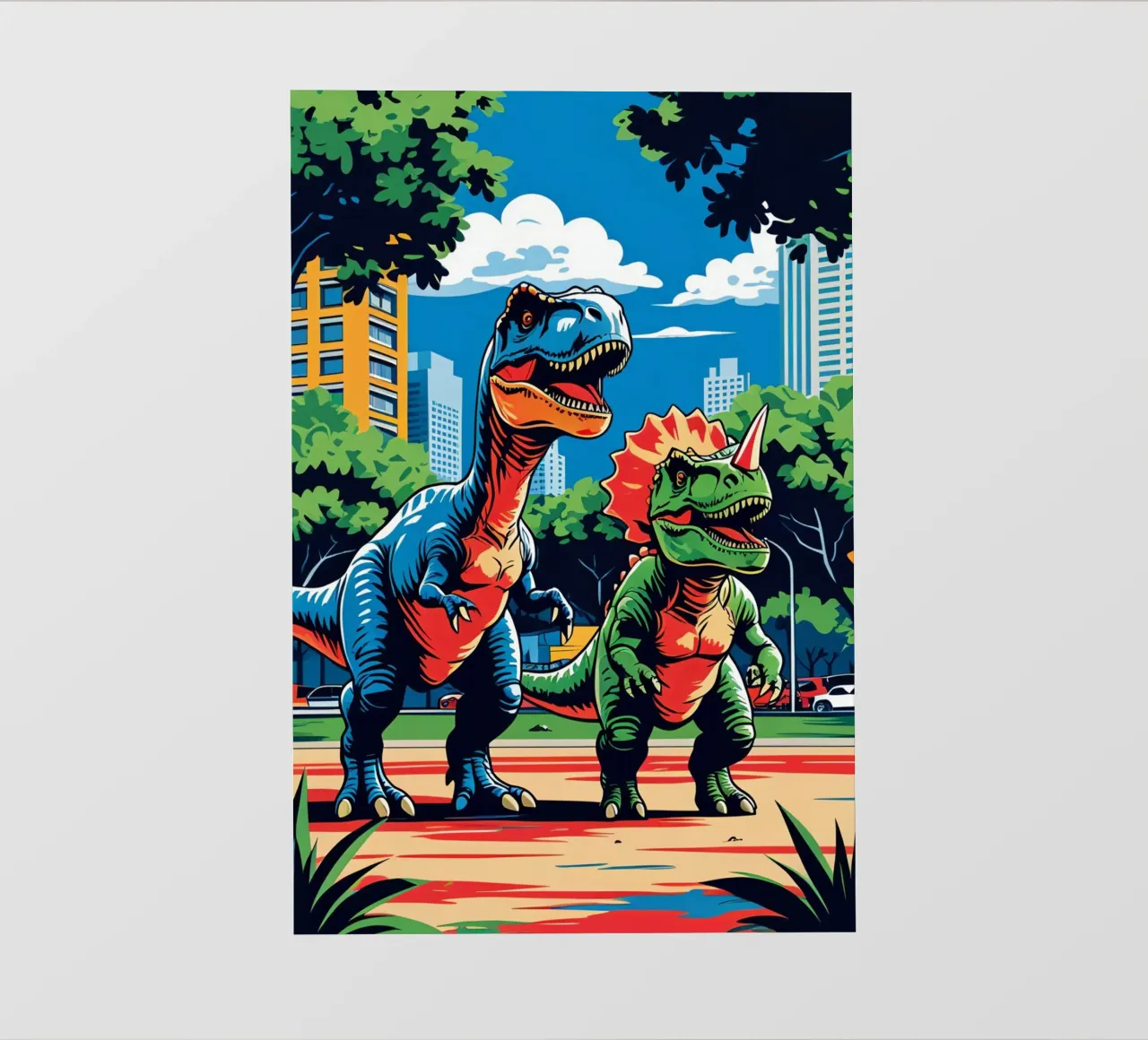 Dinosaures rétro dans un parc avec des bâtiments urbains bâche pvc de DesignDoodle