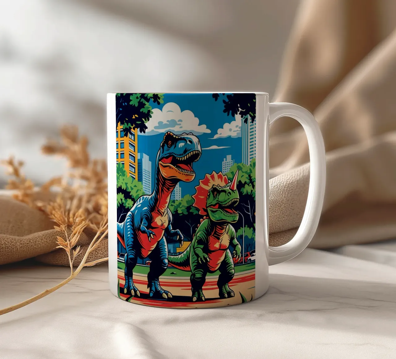 Dinosaures rétro dans un parc avec des bâtiments urbains mug en céramique de DesignDoodle