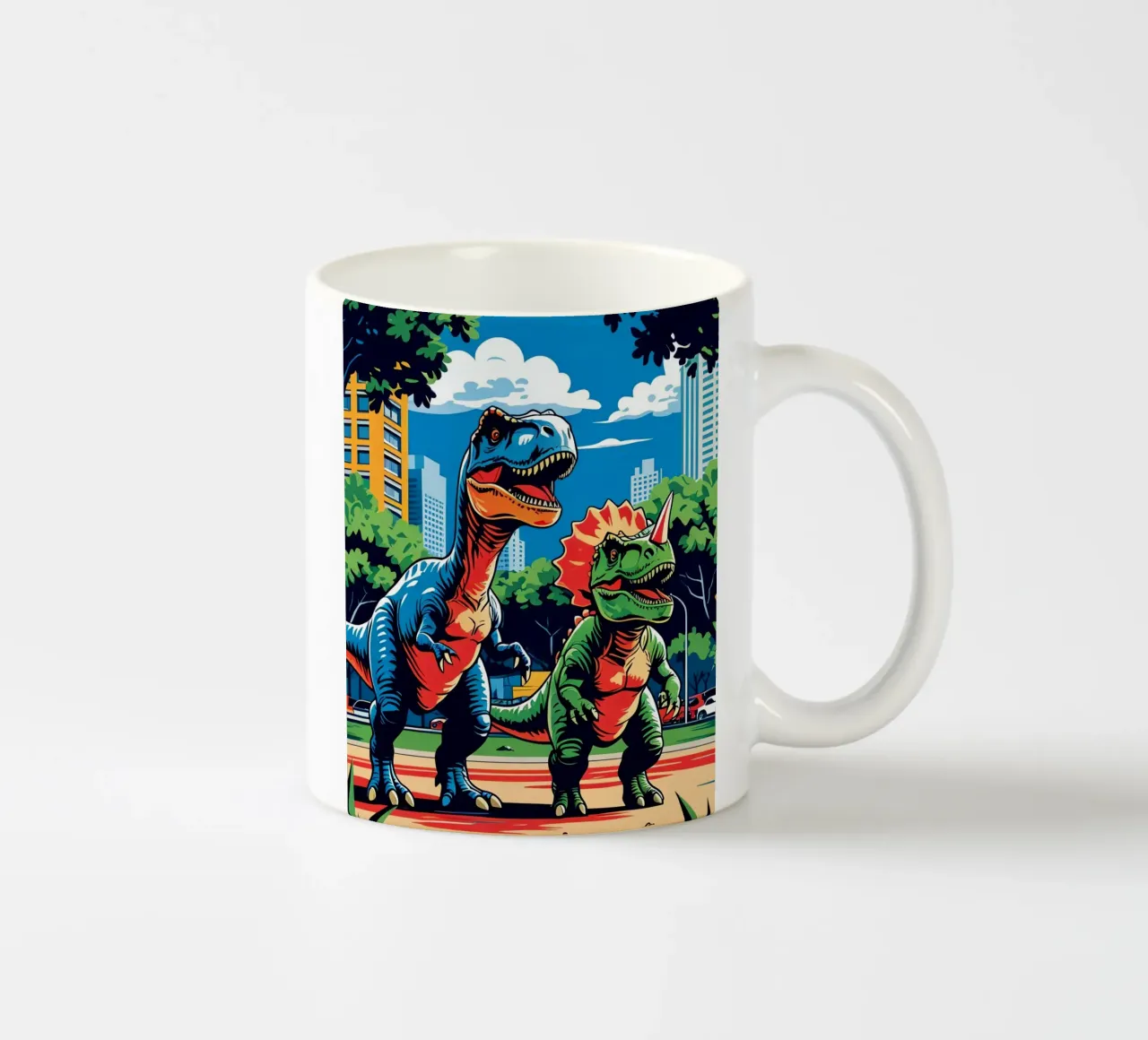 Dinosaures rétro dans un parc avec des bâtiments urbains mug en céramique de DesignDoodle