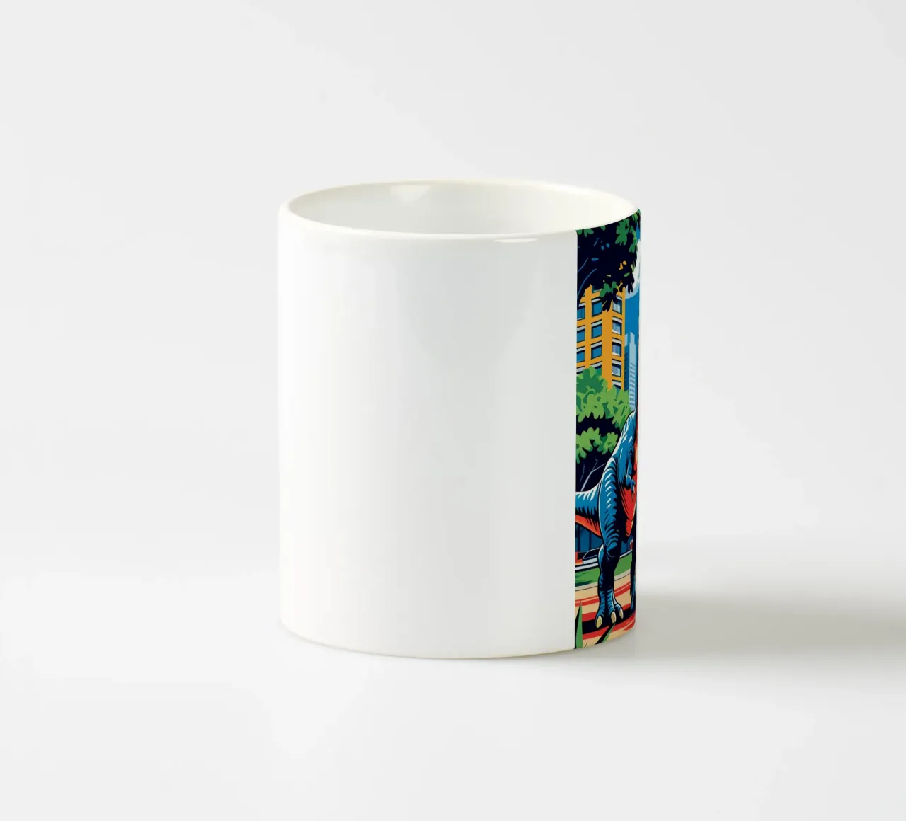 Dinosaures rétro dans un parc avec des bâtiments urbains mug en céramique de DesignDoodle