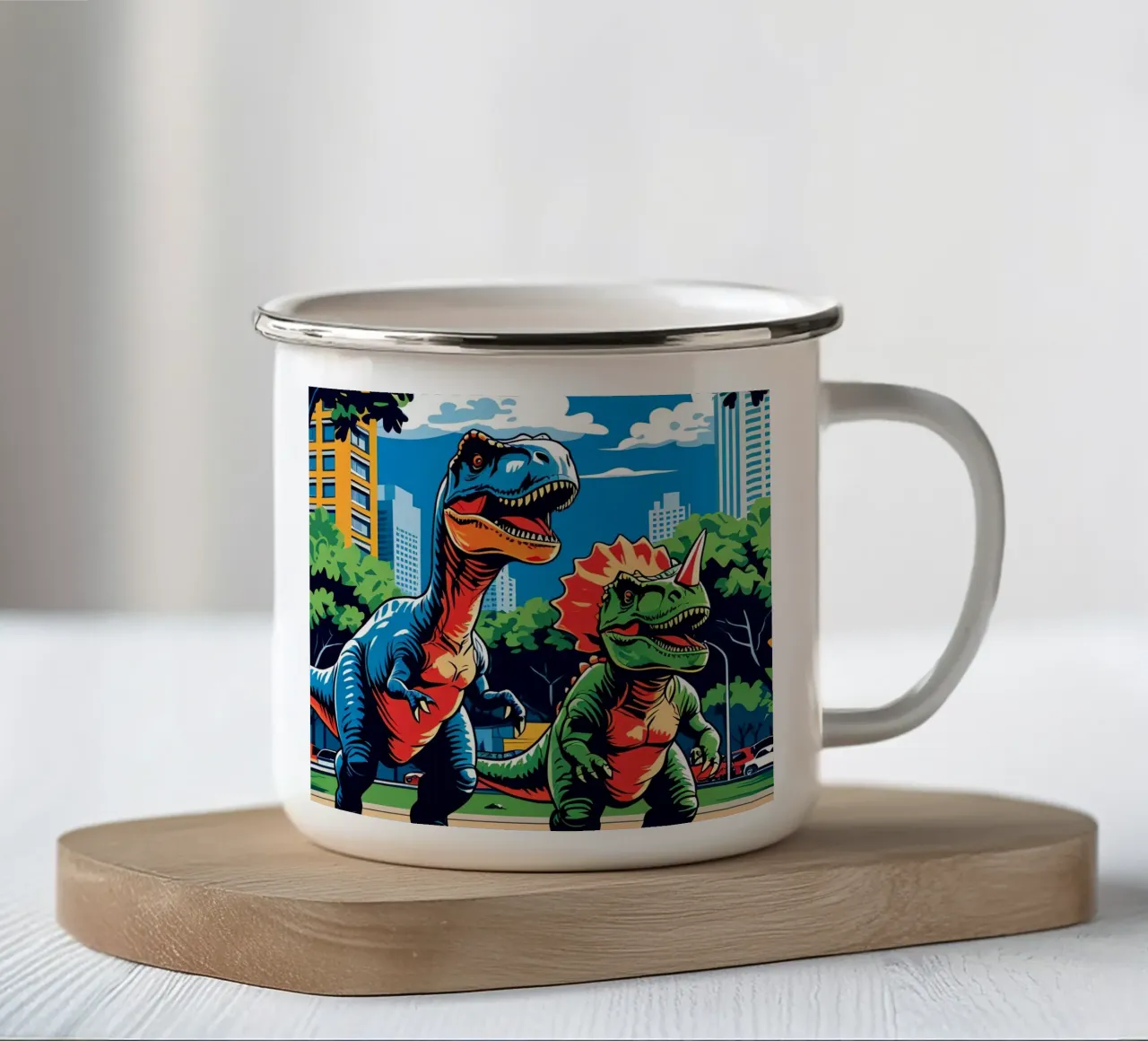 Dinosaures rétro dans un parc avec des bâtiments urbains mug en émail de DesignDoodle