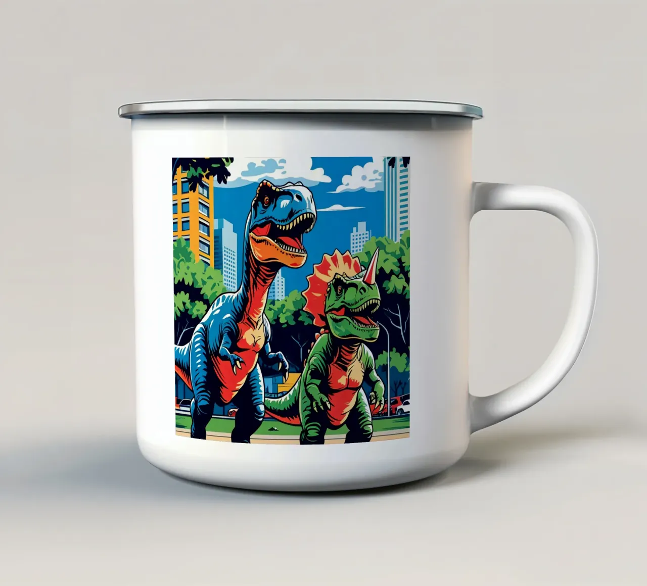 Dinosaures rétro dans un parc avec des bâtiments urbains mug en émail de DesignDoodle