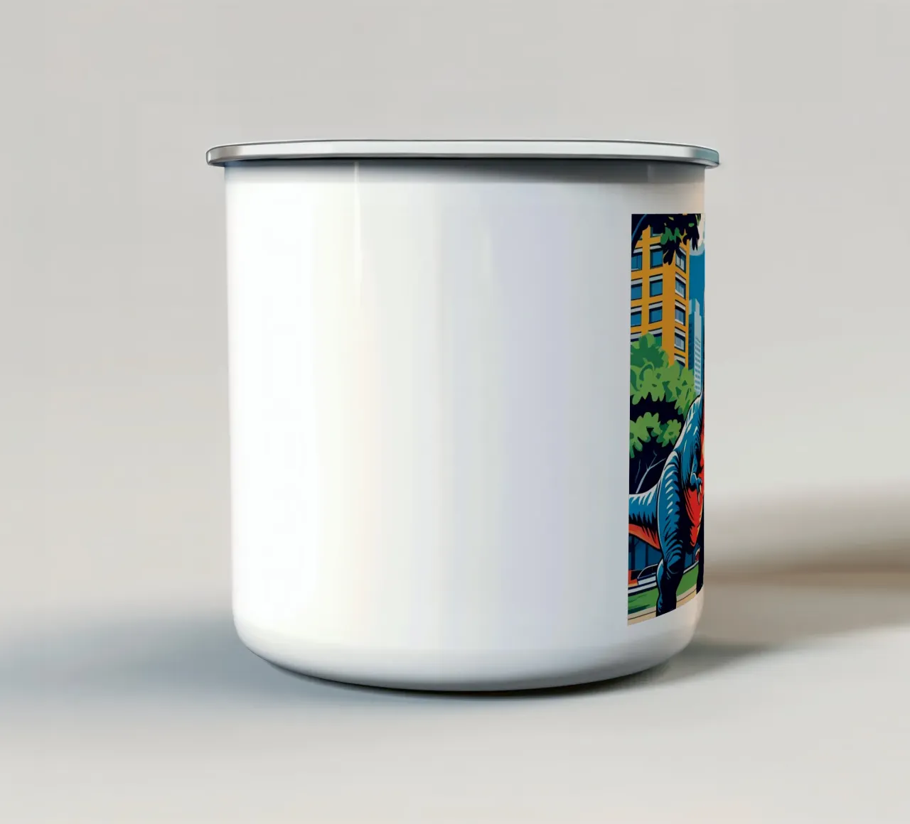 Dinosaures rétro dans un parc avec des bâtiments urbains mug en émail de DesignDoodle