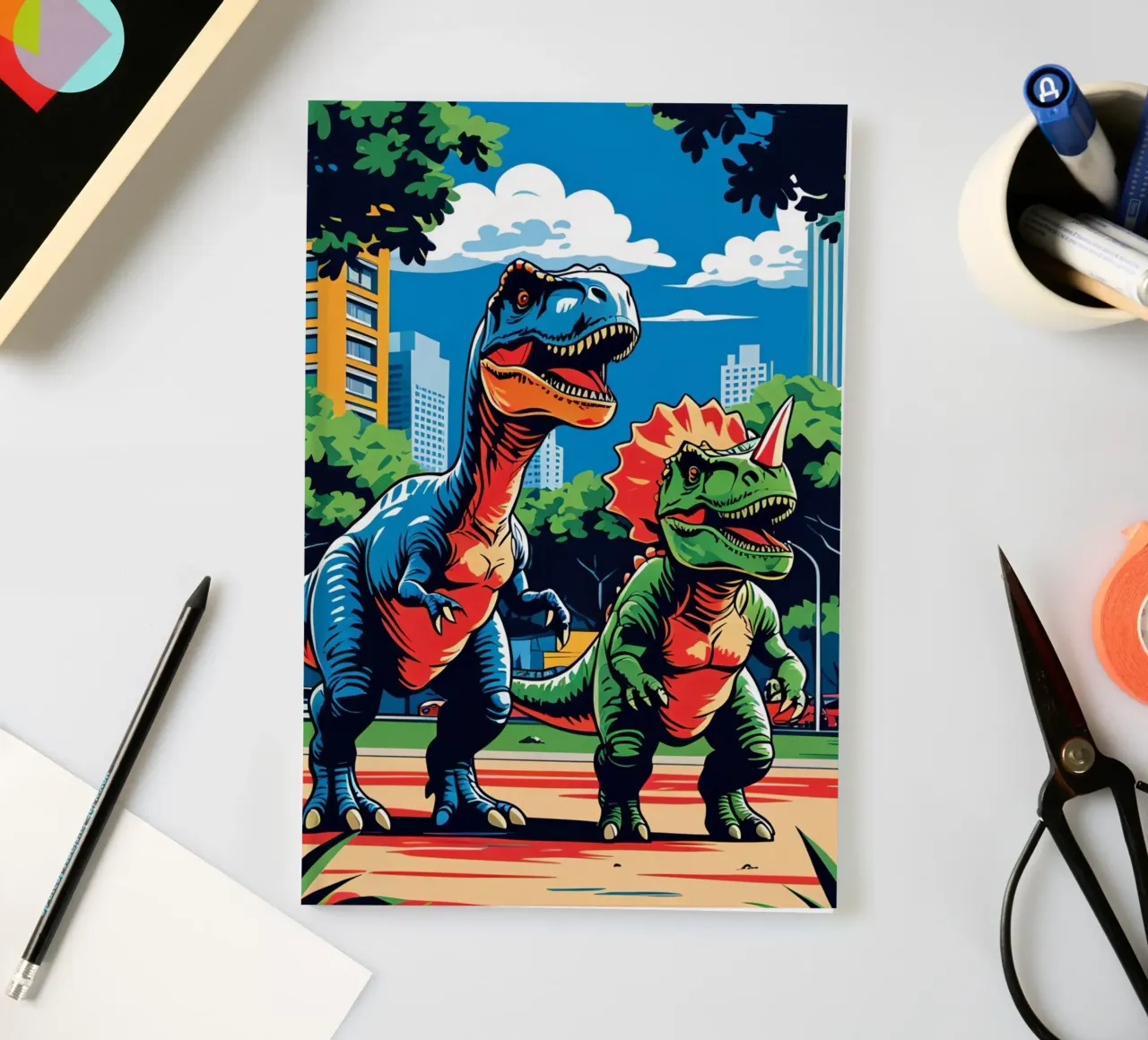 Dinosaures rétro dans un parc avec des bâtiments urbains carnet de notes de DesignDoodle