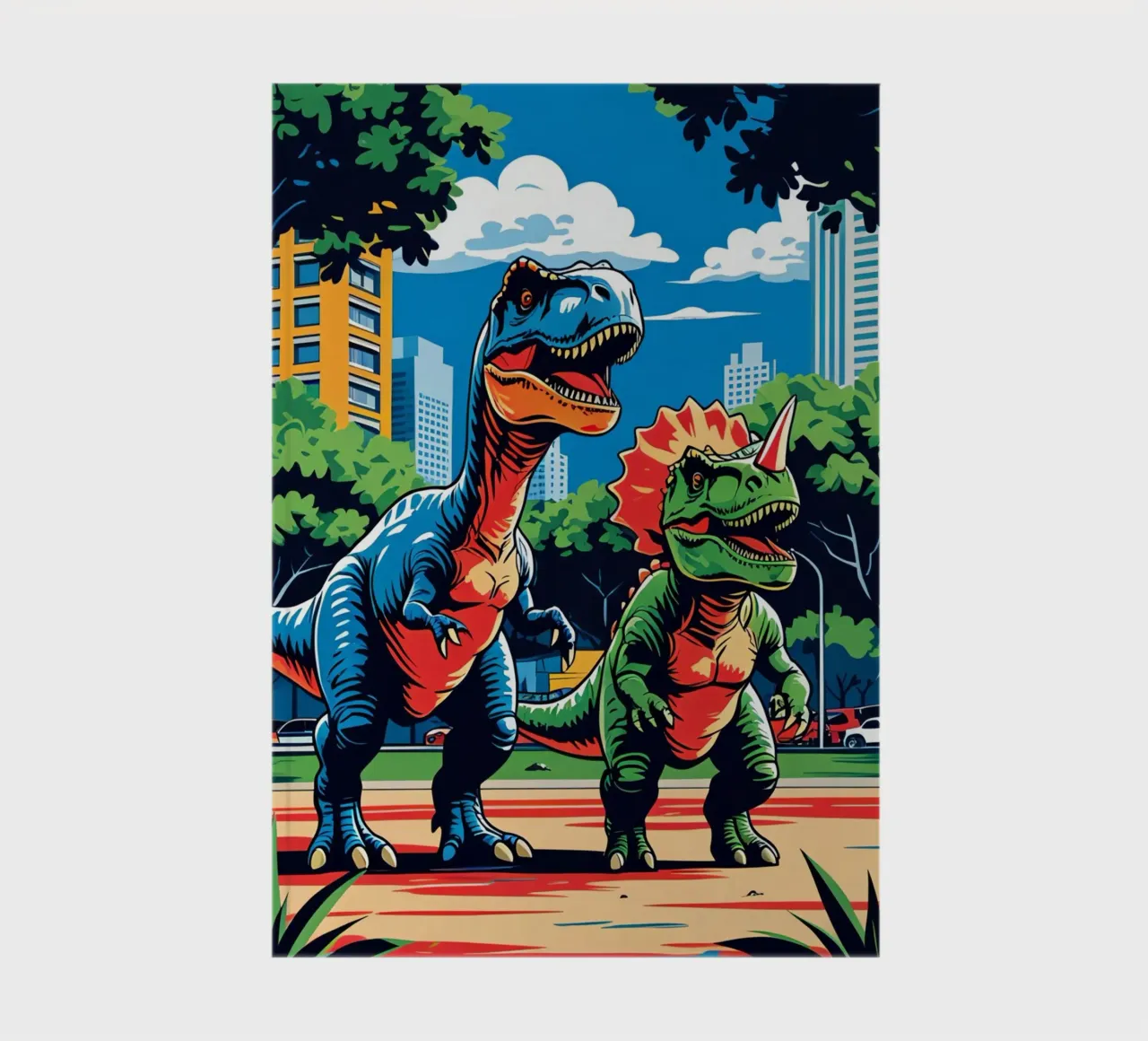 Dinosaures rétro dans un parc avec des bâtiments urbains carnet de notes de DesignDoodle