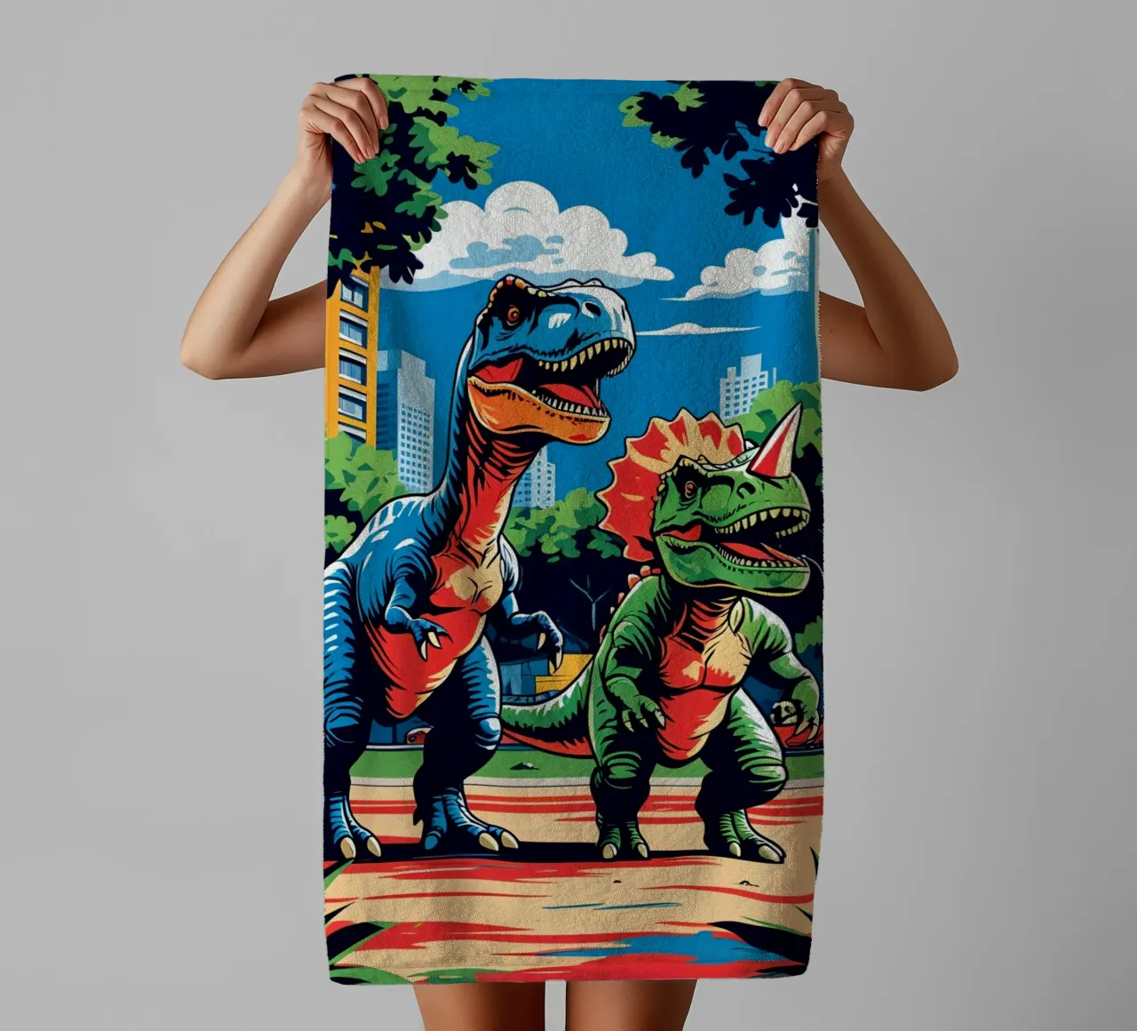 Dinosaures rétro dans un parc avec des bâtiments urbains serviette de bain de DesignDoodle